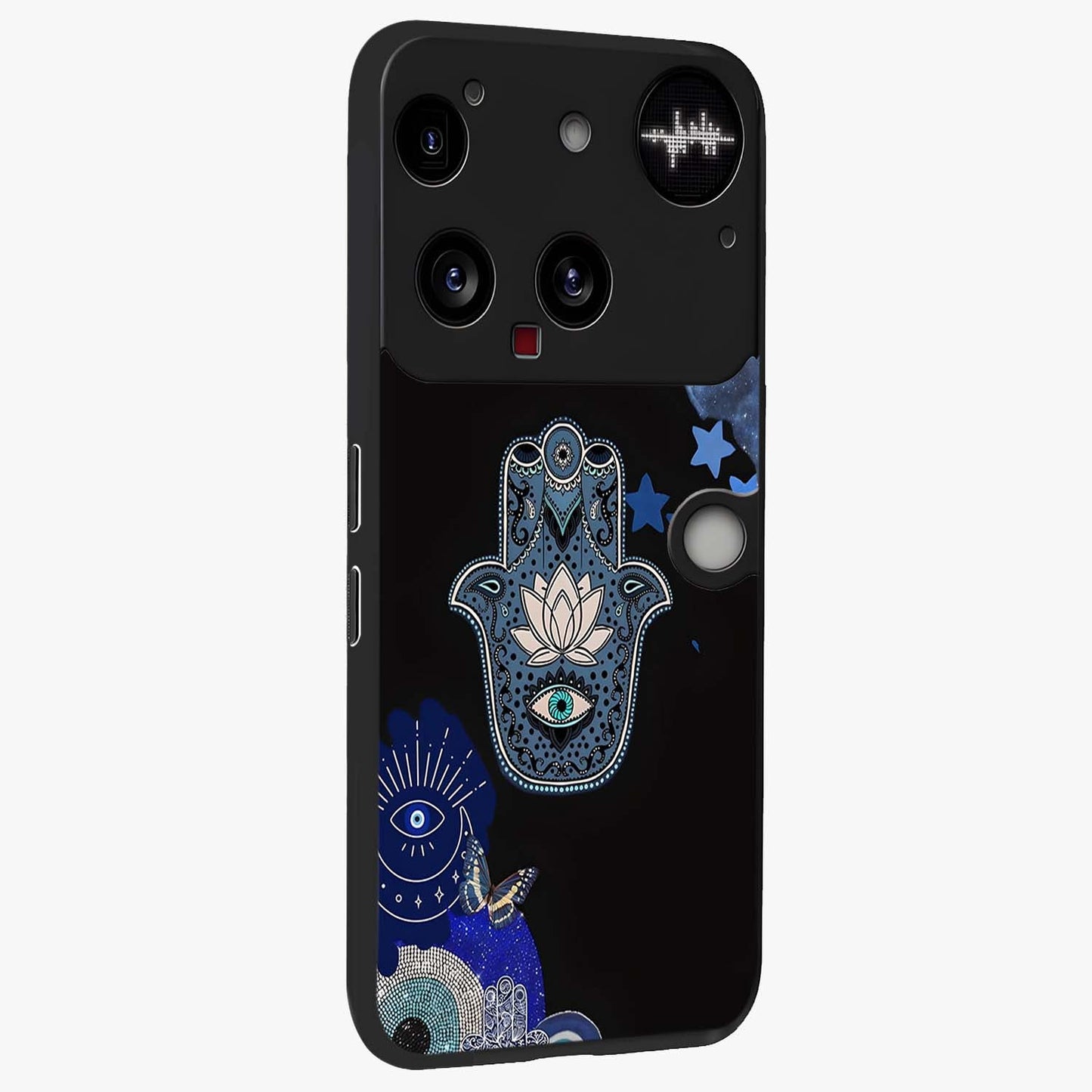 Mystic Hand Aura Glass Case upright view showcasing symbolic hand artwork with mystical energy theme.