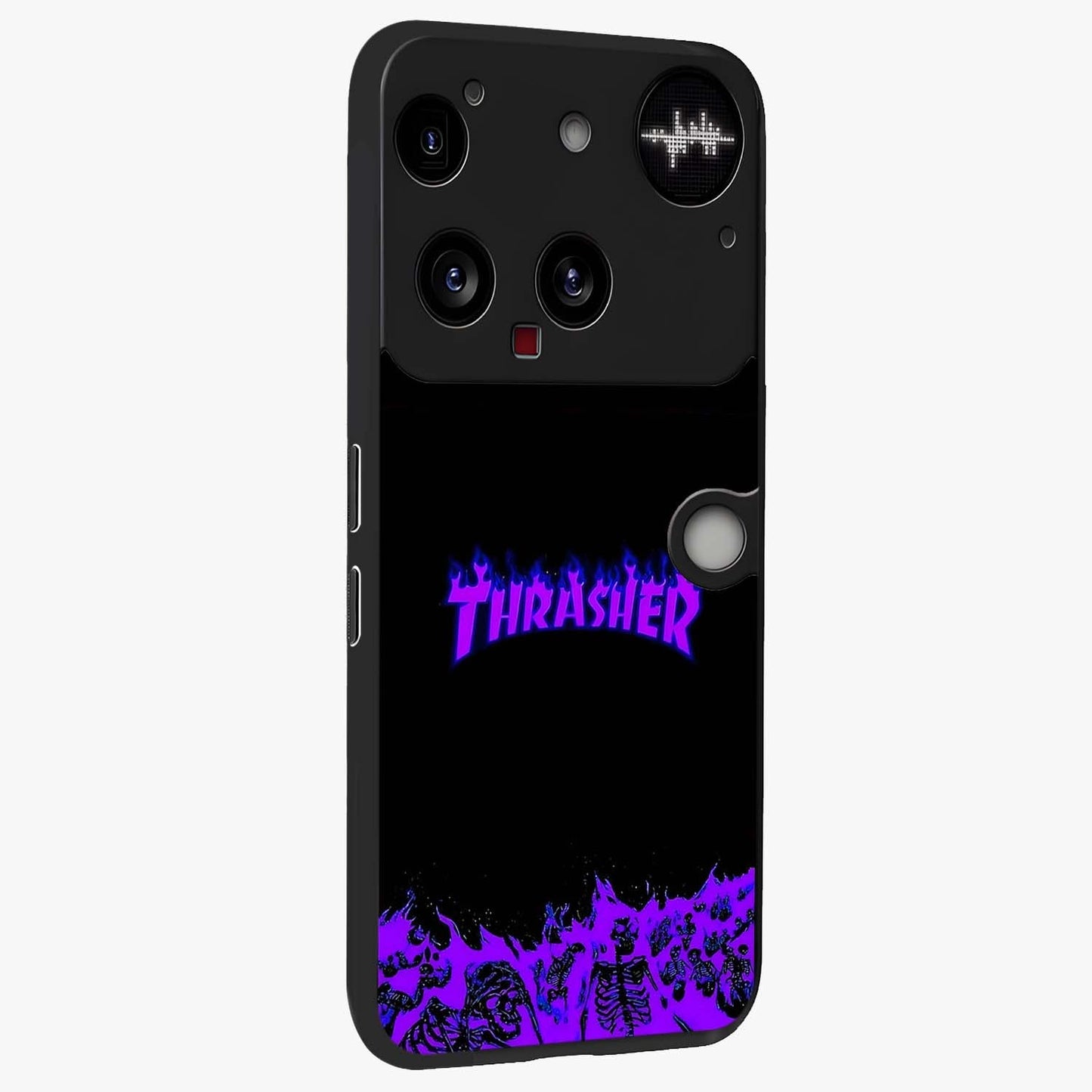 Neon Flame Riot Glass Case upright view showcasing dynamic flame artwork with energetic neon theme.
