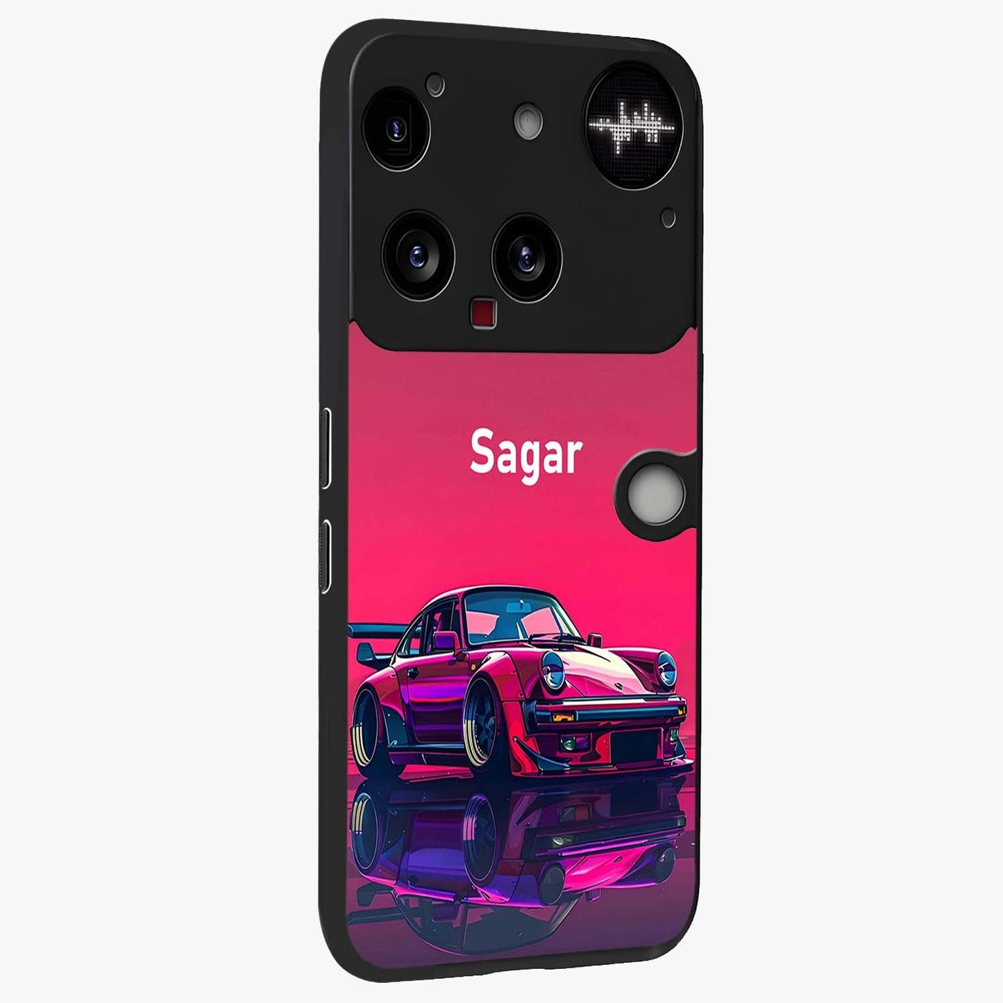 Neon Pink Porsche Glass Case upright view showcasing vibrant sports car artwork with bold automotive theme.