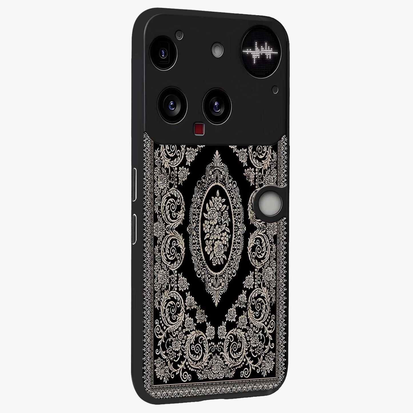 Noir Bloom Elegance Glass Case upright view showcasing graceful floral artwork with luxurious dark theme.