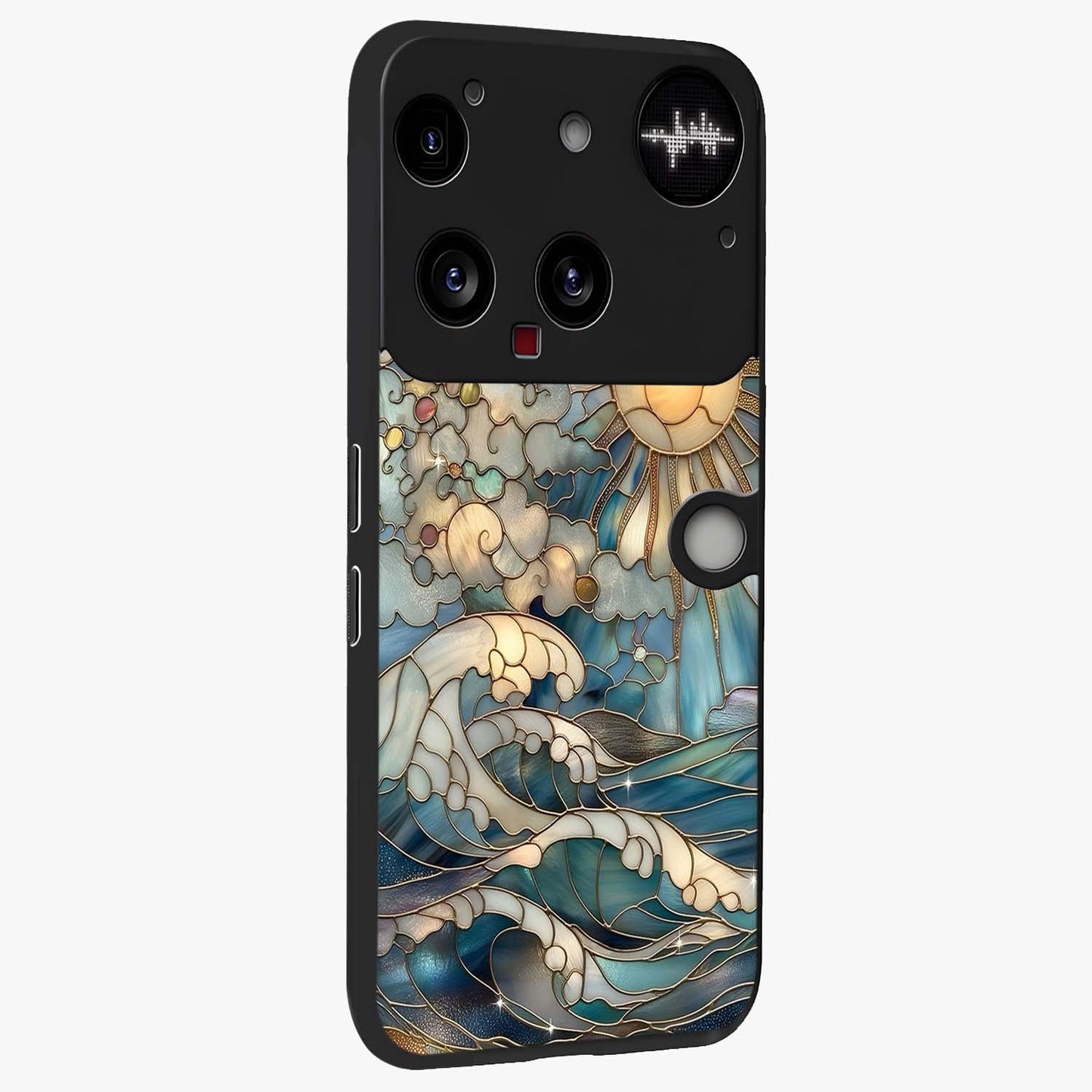 Oceanic Stained Printed Glass Case upright view showcasing decorative ocean pattern artwork with vibrant marine theme.