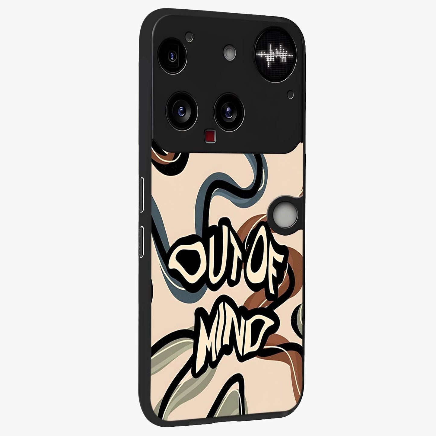 Out Of Mind Glass Case upright view showcasing striking typography artwork with edgy conceptual theme.