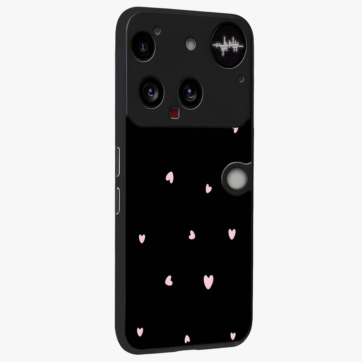 Pink Love Drops Glass Case upright view showcasing charming heart drop artwork with romantic playful theme.
