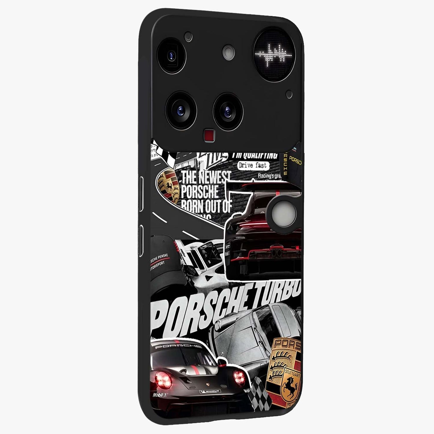 Porsche Racing Collage Glass Case upright view showcasing energetic car collage artwork with high speed racing theme.