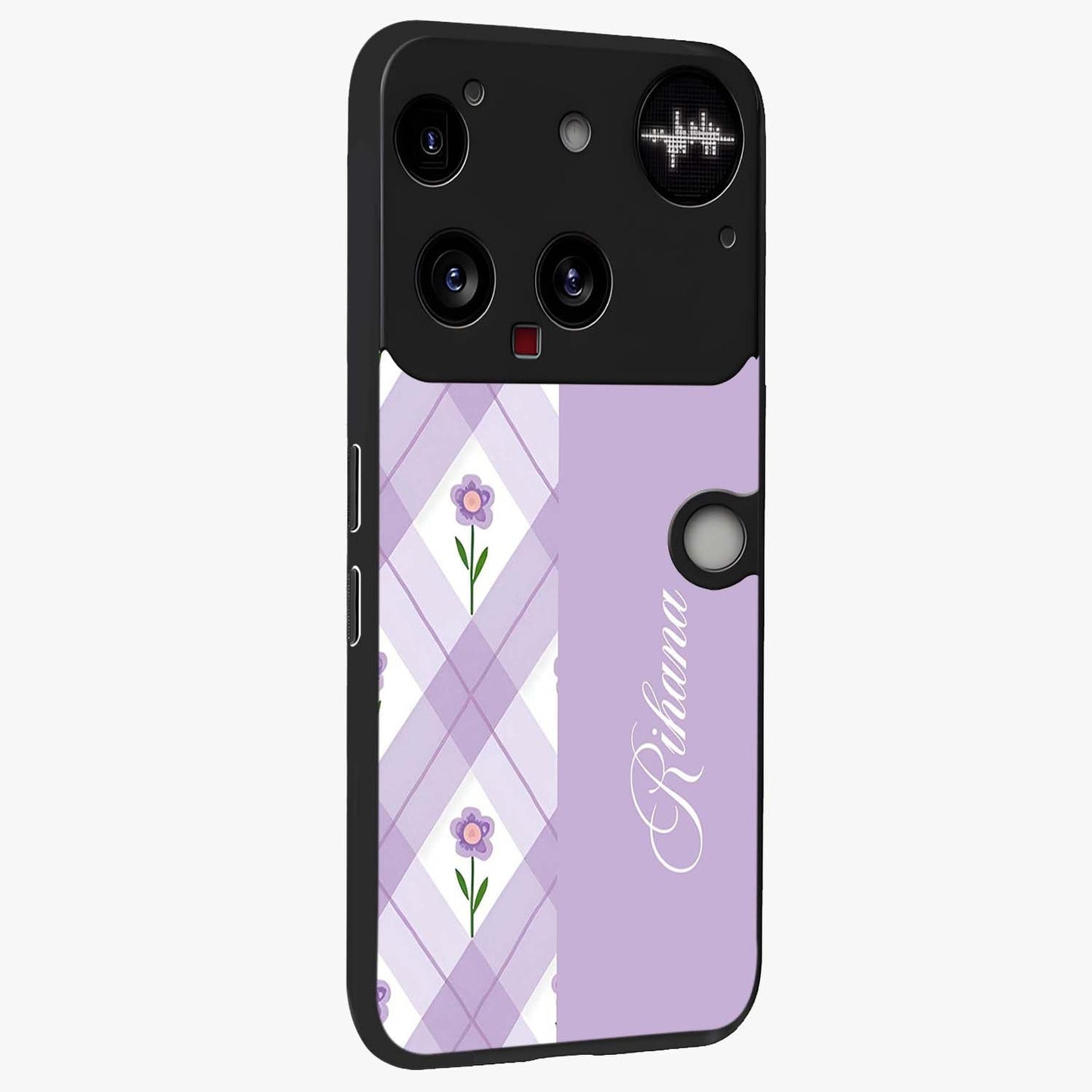 Purple Diamond Floral Glass Case upright view showcasing vibrant floral artwork with stylish geometric theme.