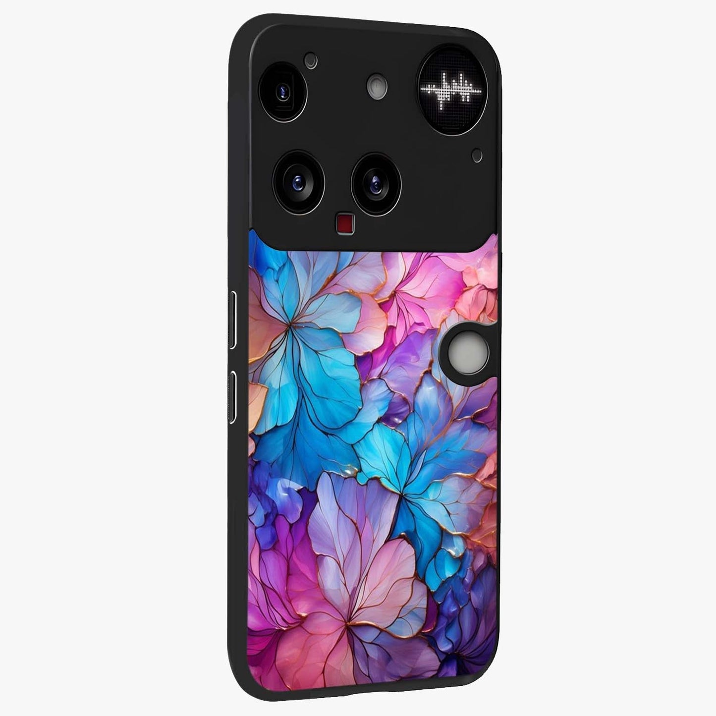 Radiant Floral Whirl Glass Case upright view showcasing lively floral artwork with decorative swirl theme.