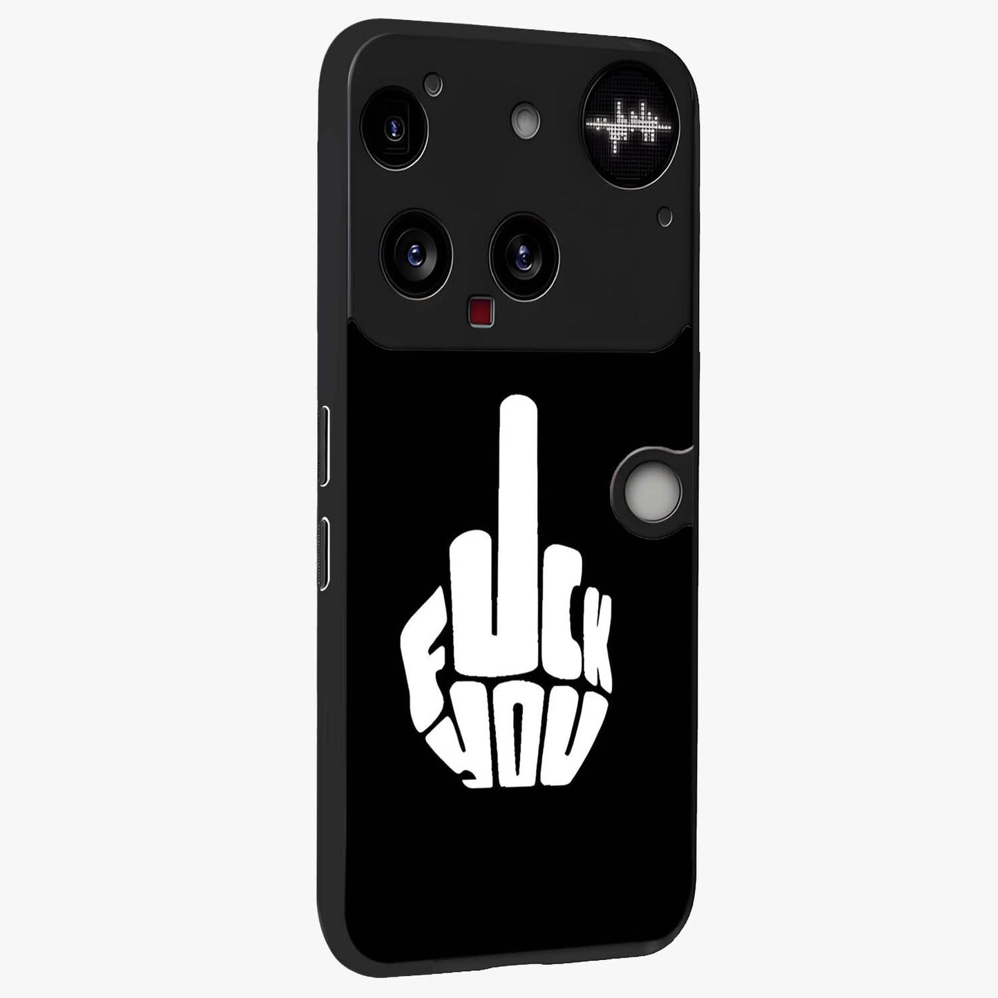 Rebel Mode On Glass Case upright view showcasing striking statement artwork with bold rebellious theme.