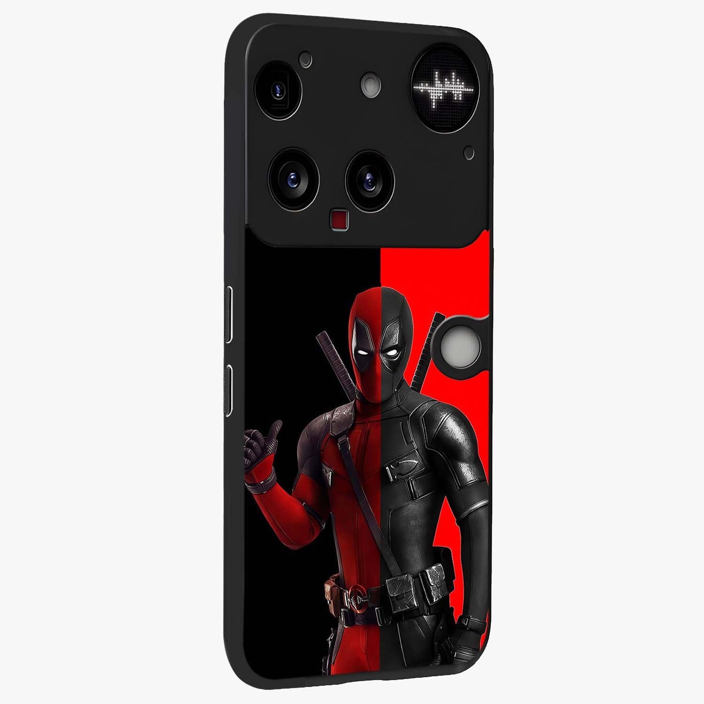 Red & Black Deadpool Theme Glass Case upright view showcasing energetic comic themed artwork with striking red and black design.