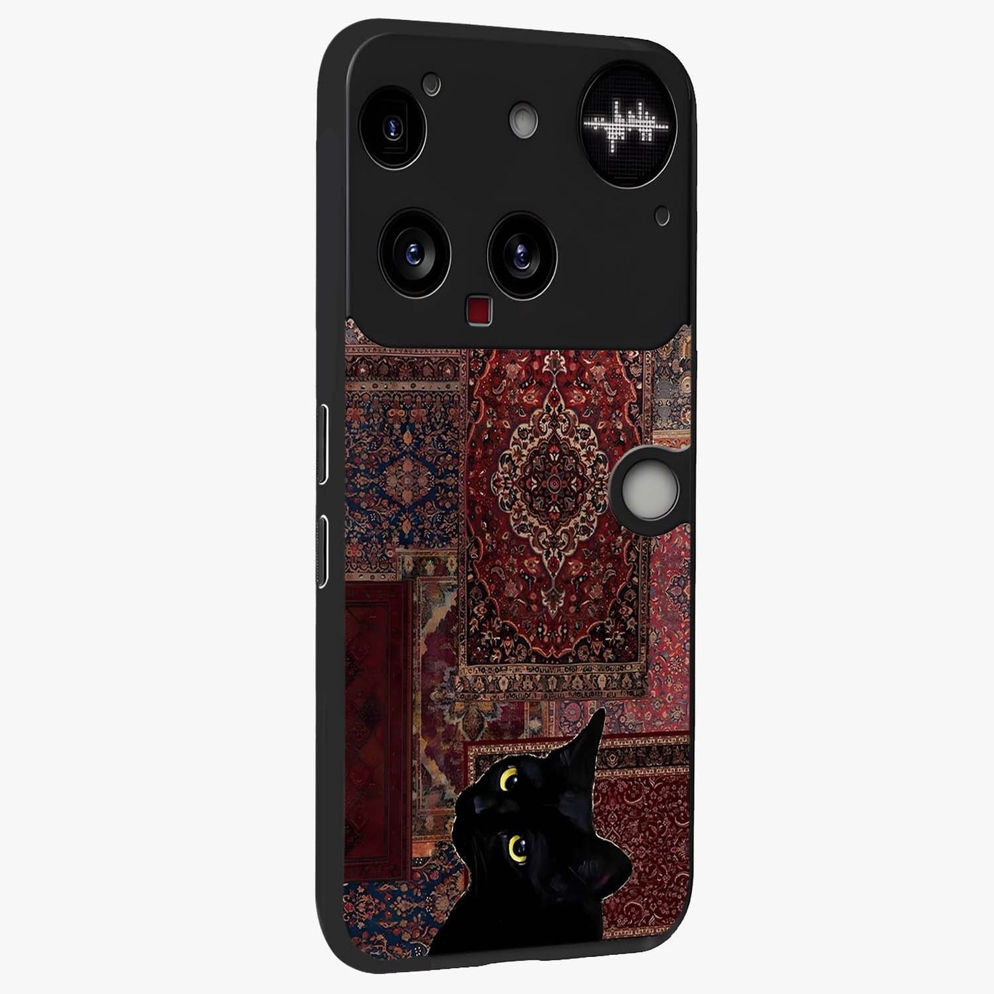 Regal Magic Cat Apple Glass Case upright view showcasing charming cat artwork with playful magical theme.