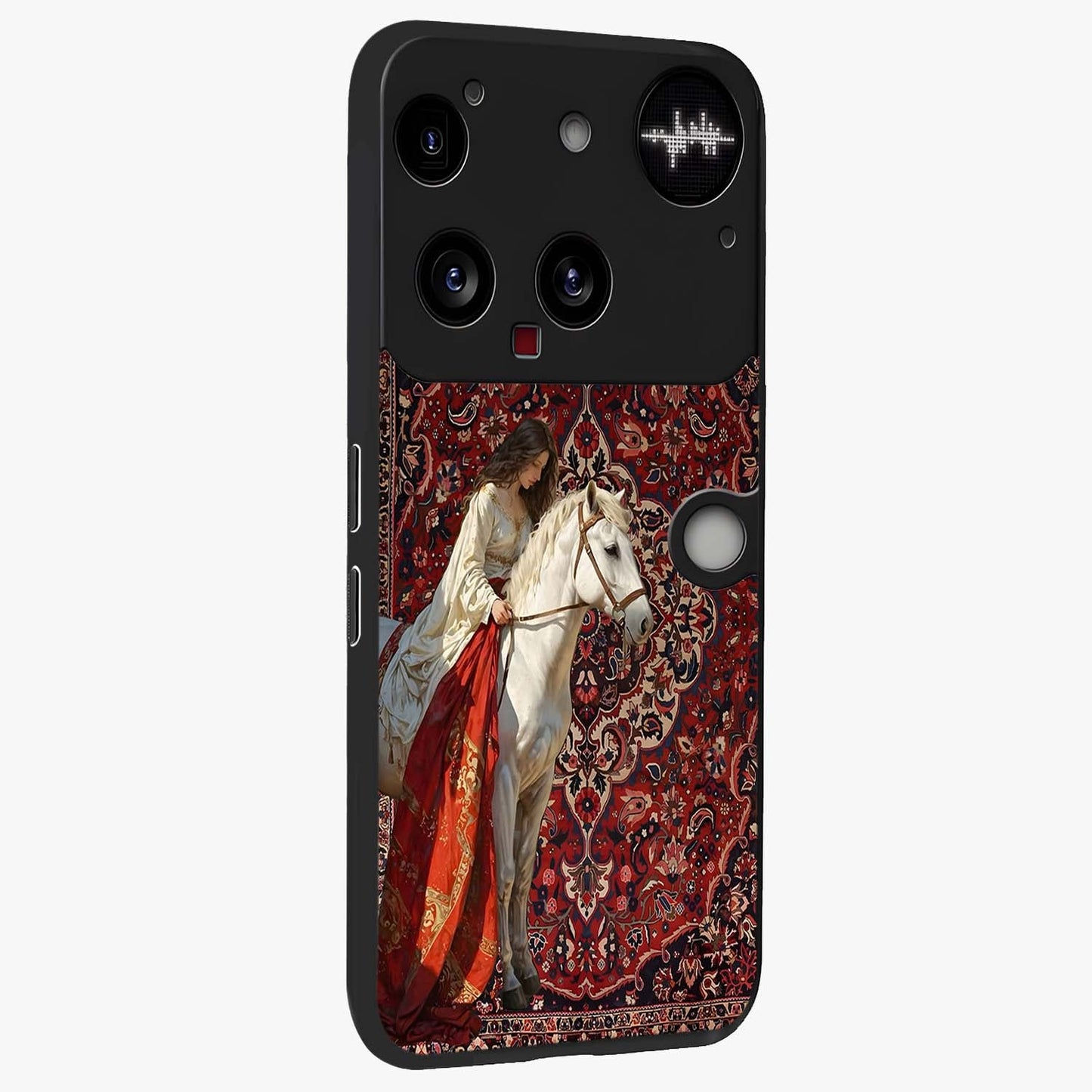 Royal Rider Tapestry Glass Case upright view showcasing detailed rider artwork with classic tapestry theme.