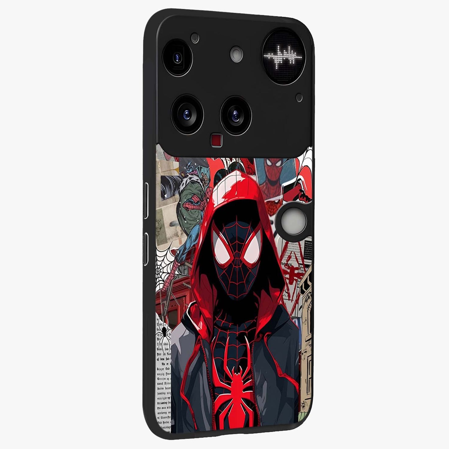 Spider Collage Street Glass Case upright view showcasing bold superhero artwork with urban street theme.