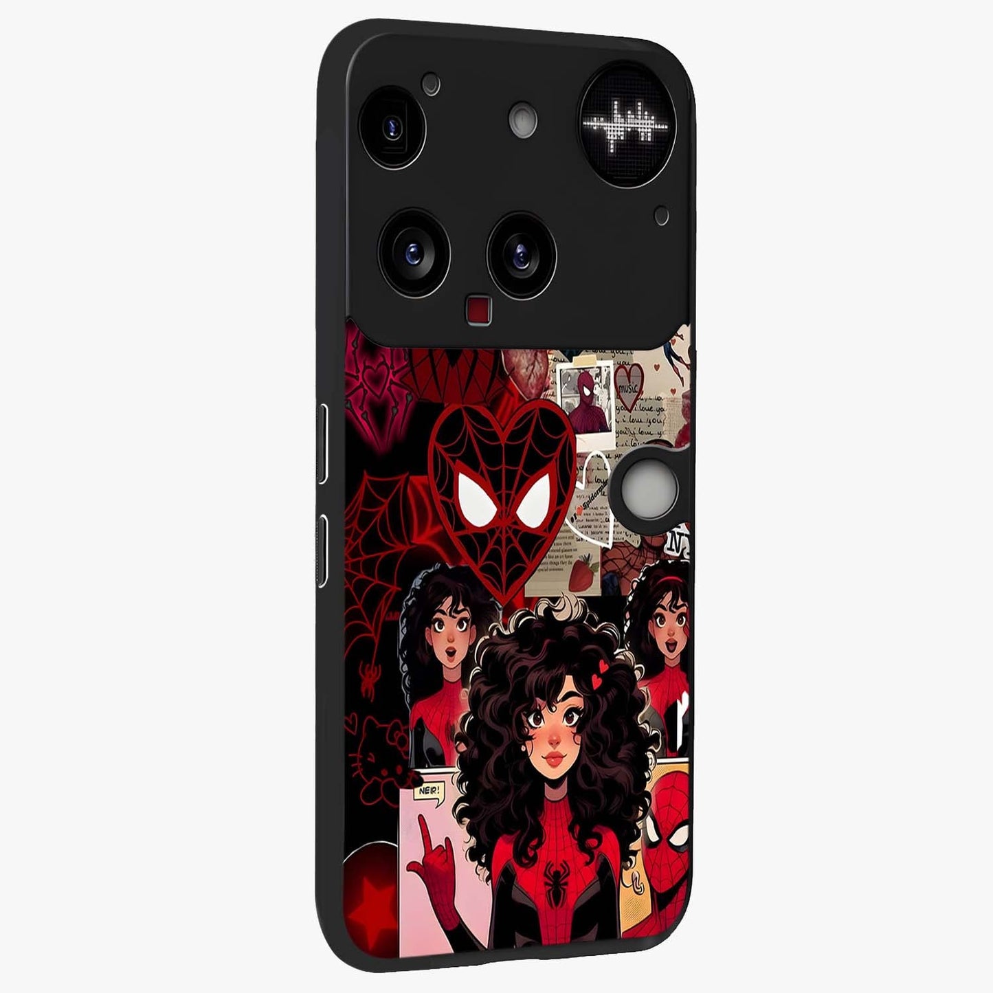 Spider Love Story Glass Case upright view showcasing charming superhero artwork with romantic comic theme.