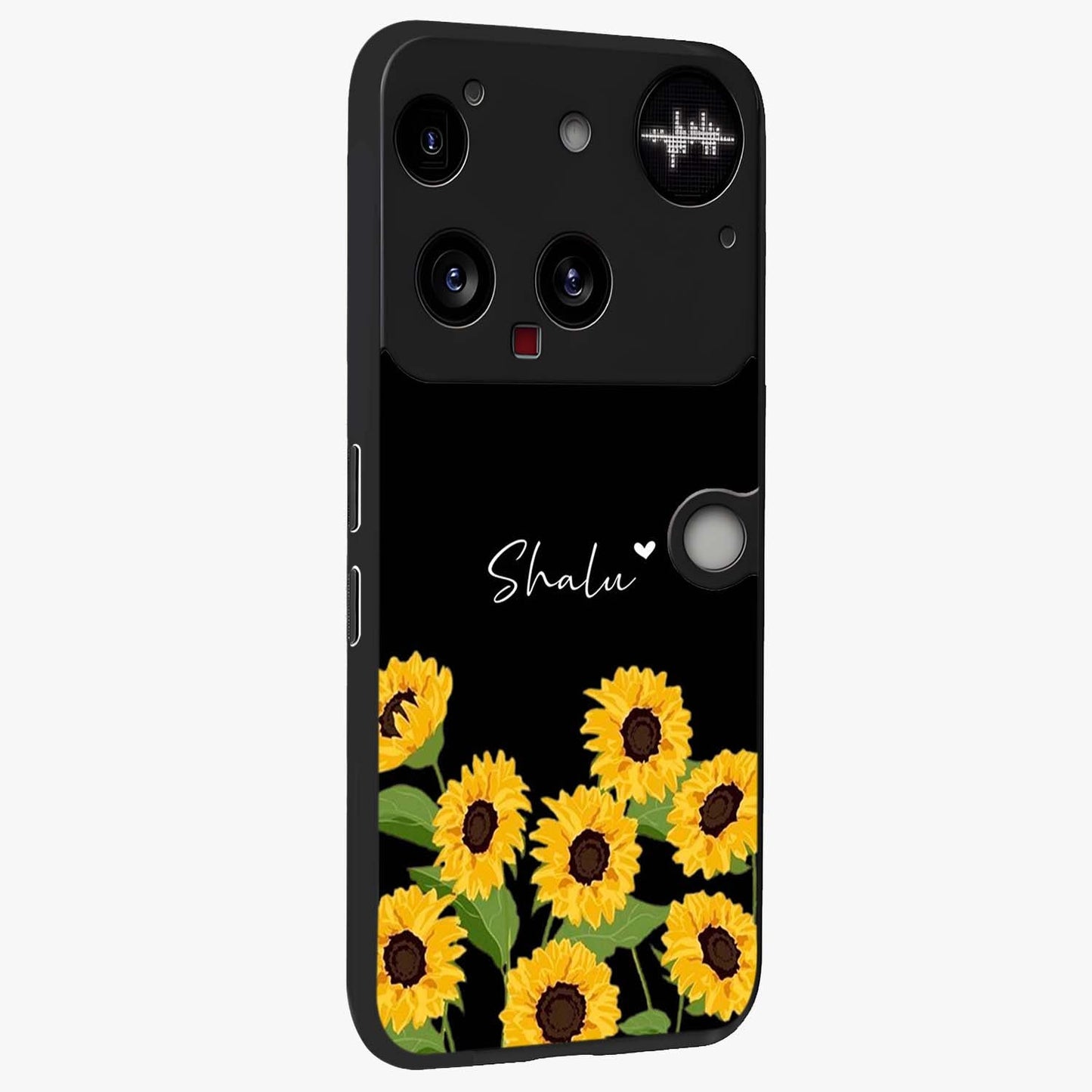 Sunflower Chic Mood Custom Name Glass Case upright view showcasing cheerful sunflower artwork with trendy floral theme.