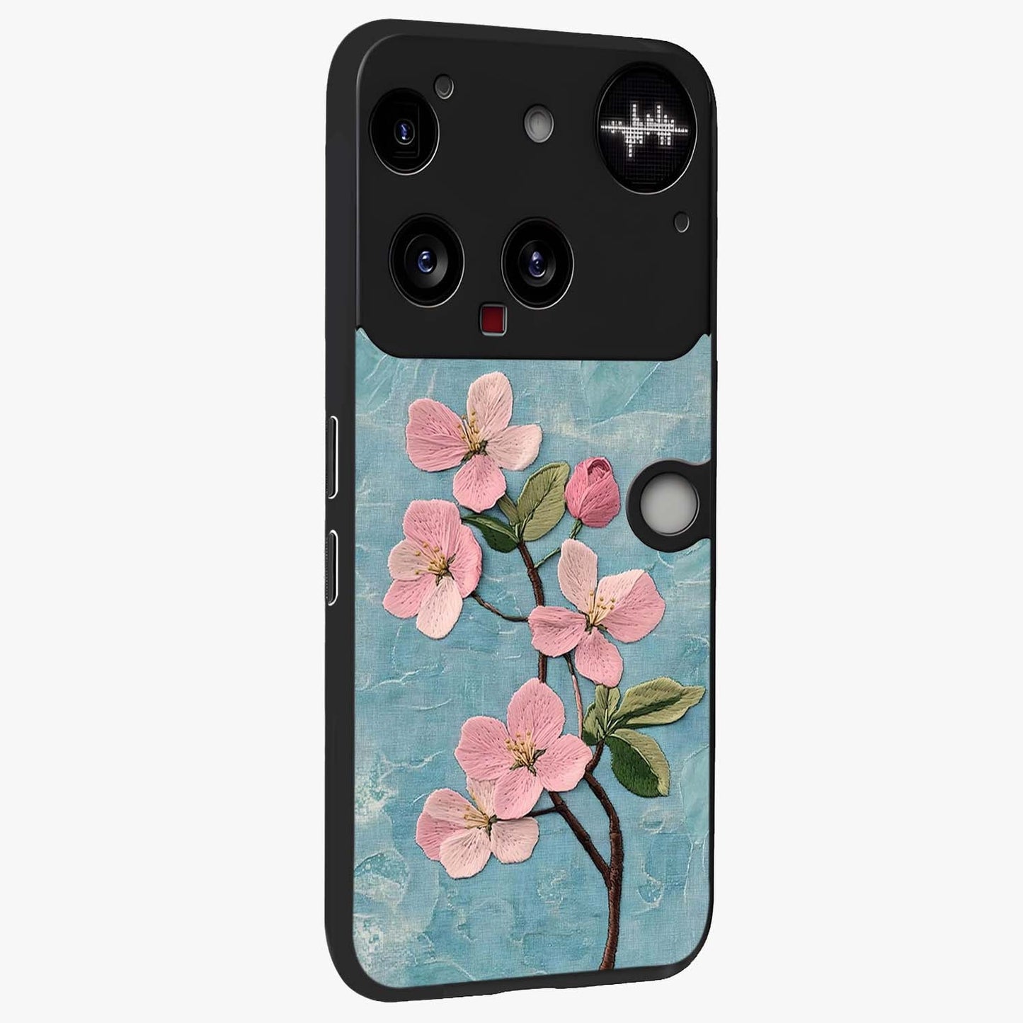 Threaded Blossom Breeze Glass Case upright view showcasing graceful flower artwork with calm botanical theme.