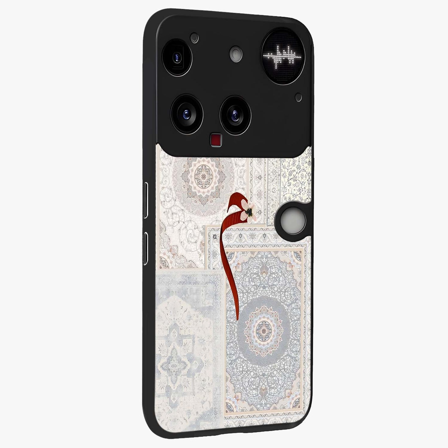 White Aesthetic Bow Glass Case upright view showcasing delicate ribbon bow artwork with cute minimalist theme.