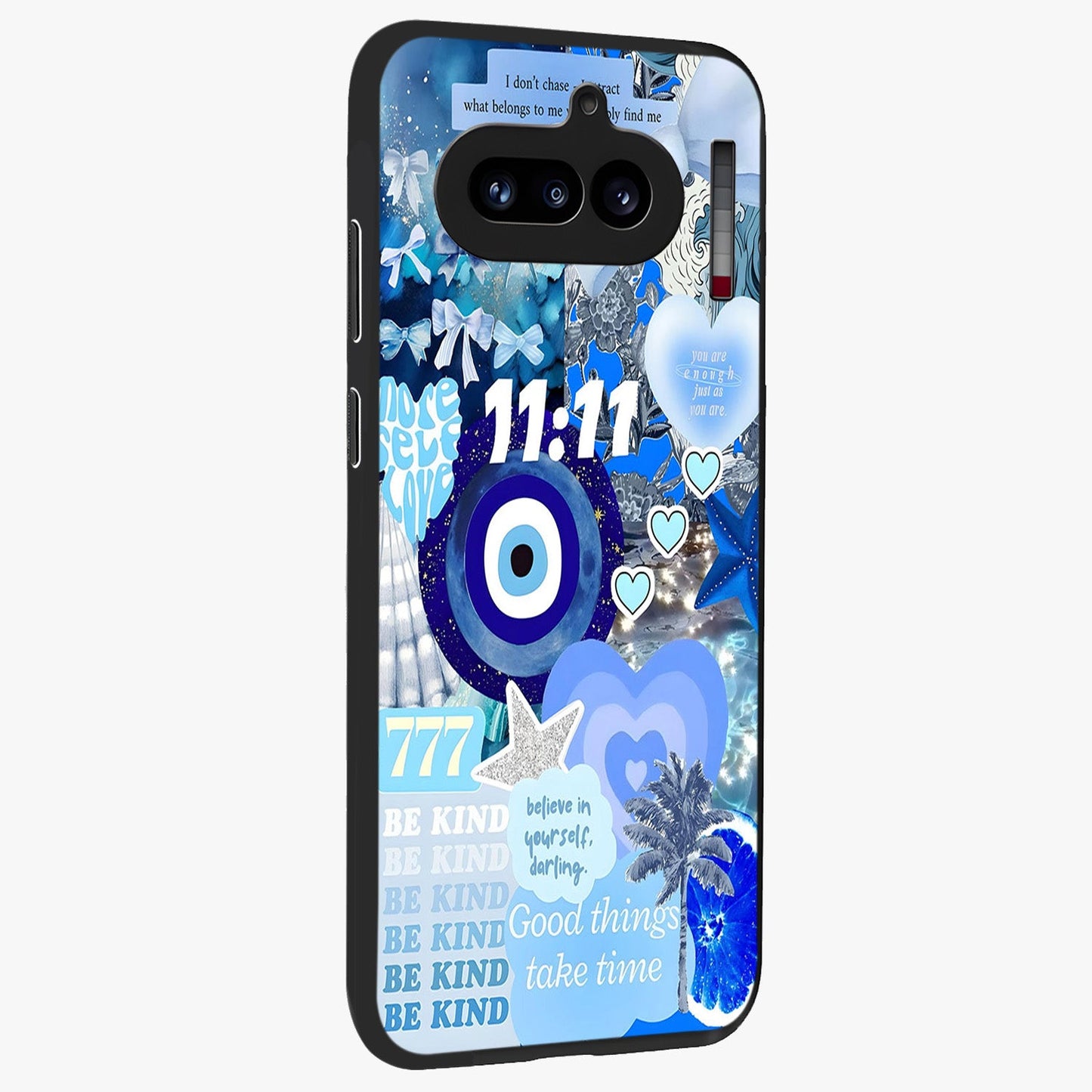 Aesthetic Be Kind Eye Glass Case upright view showcasing stylish eye illustration with positive message theme.