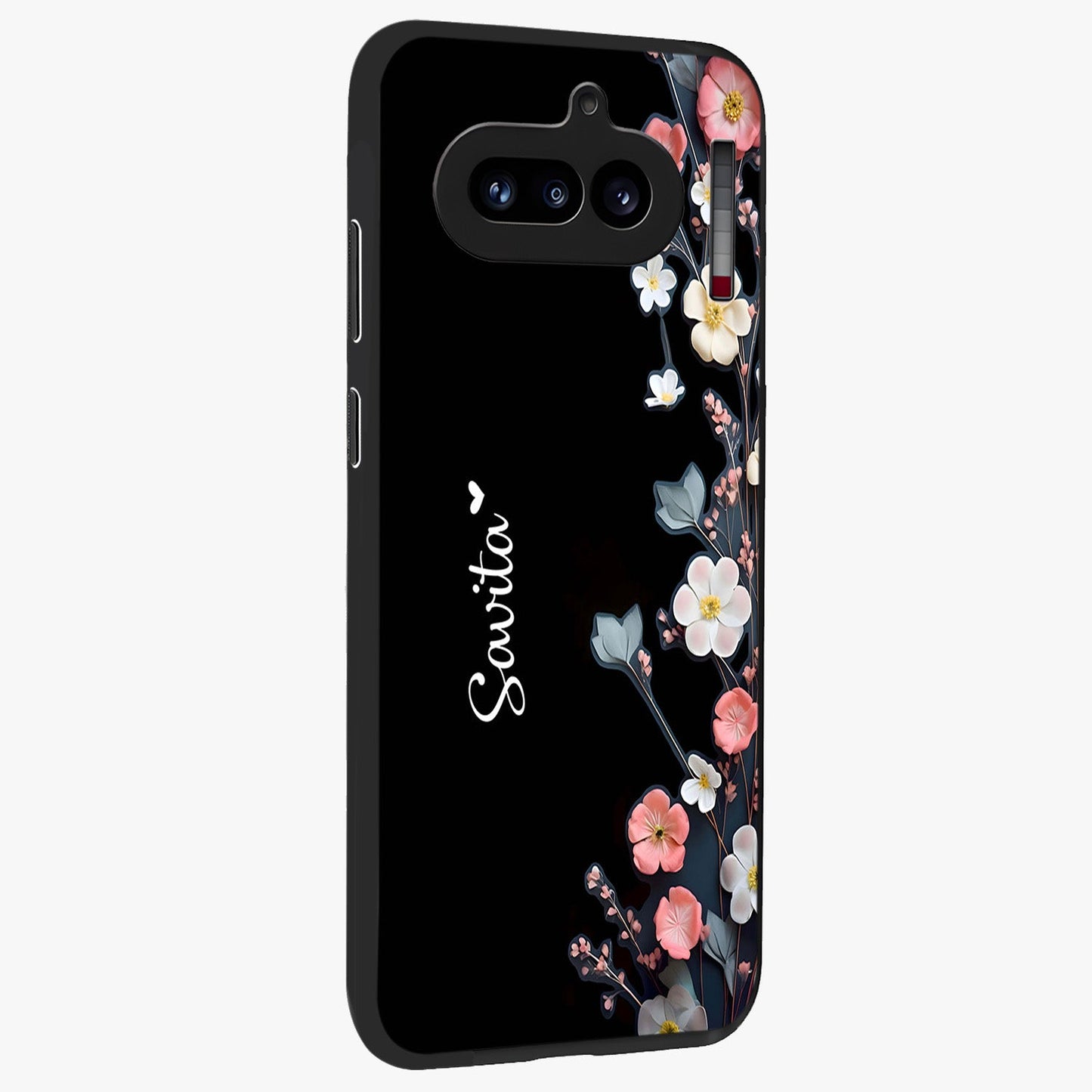 Black Elegance Floral Custom Name Glass Case upright view showcasing luxurious black floral design with personalized name detail.