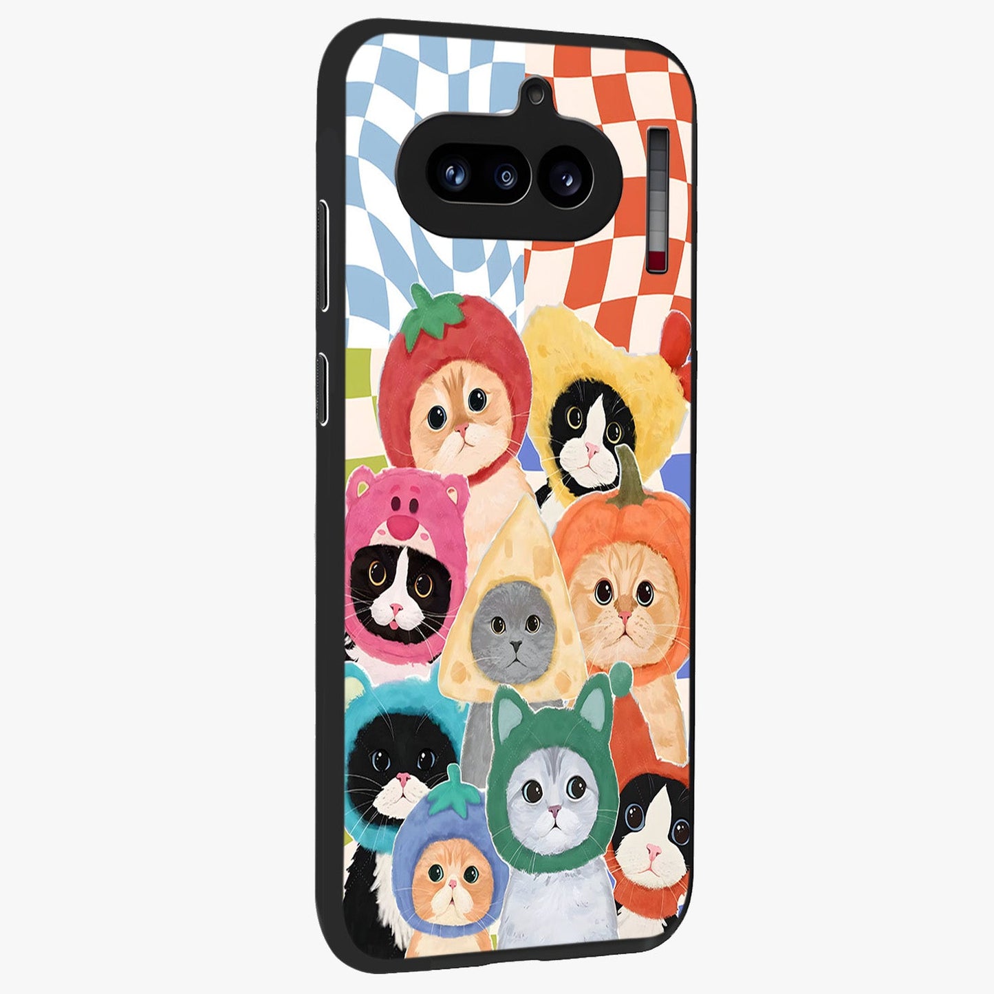 Cats in Fruits Glass Case upright view showcasing charming cat artwork with fun fruity theme.