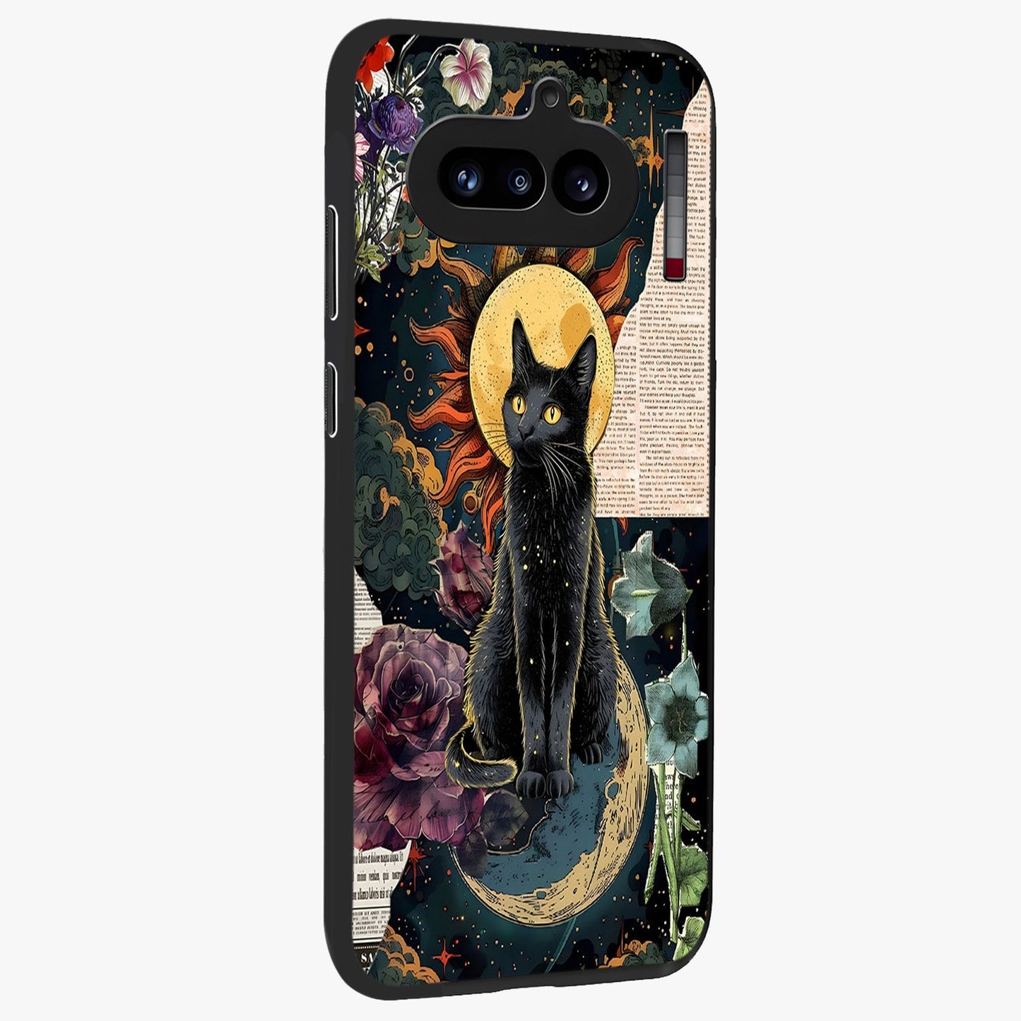 Celestial Black Cat Glass Case upright view showcasing magical black cat illustration with starry cosmic theme.