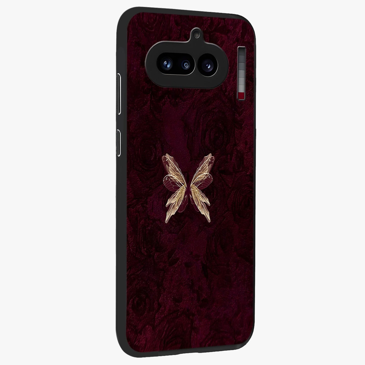 Crimson Fade Butterfly Glass Case upright view showcasing graceful butterfly artwork with soft crimson fade effect.