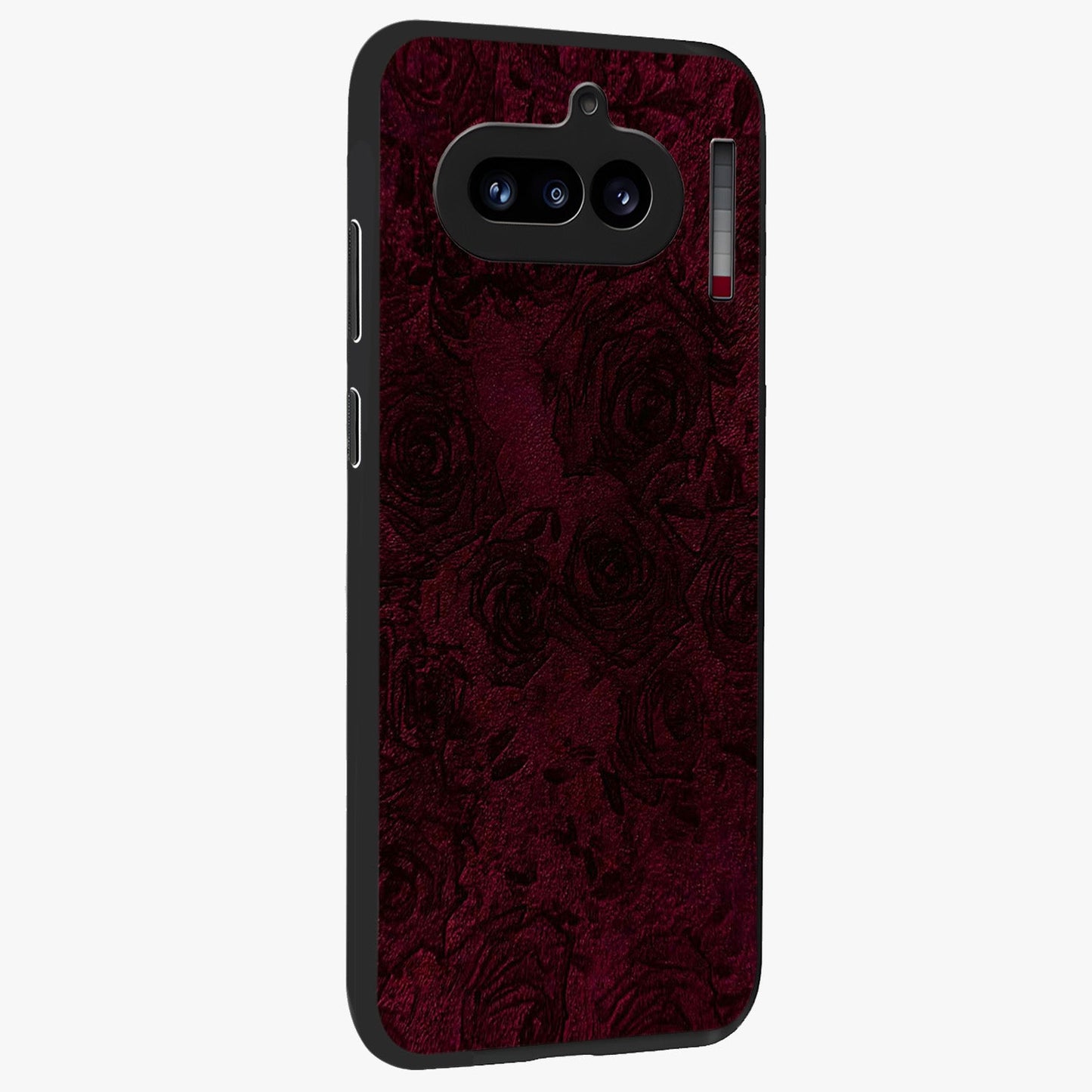 Crimson Fade Flow Glass Case upright view showcasing dynamic crimson flow artwork with stylish abstract theme.