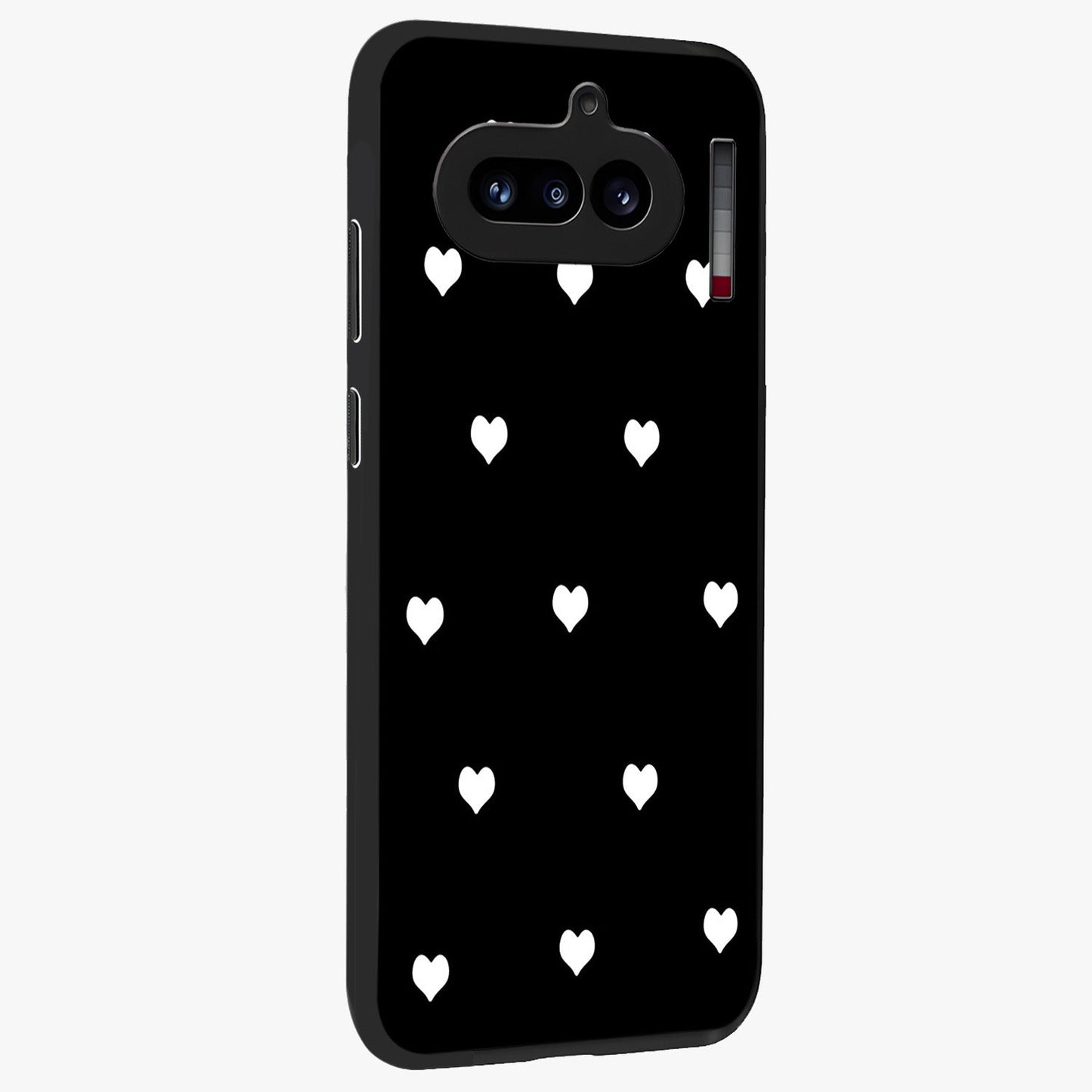 Cute And Simple White Hearts Glass Case upright view showcasing simple white hearts artwork with soft minimal theme.