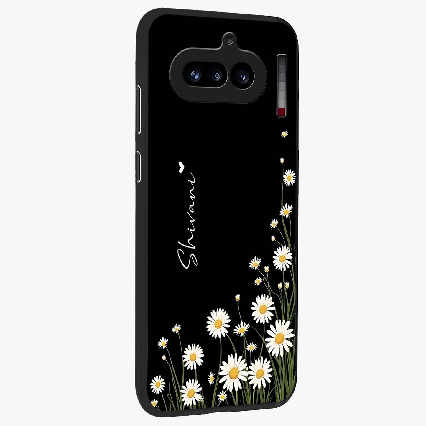 Daisy Cascade Custom Name Glass Case upright view showcasing elegant floral cascade design with personalized aesthetic.