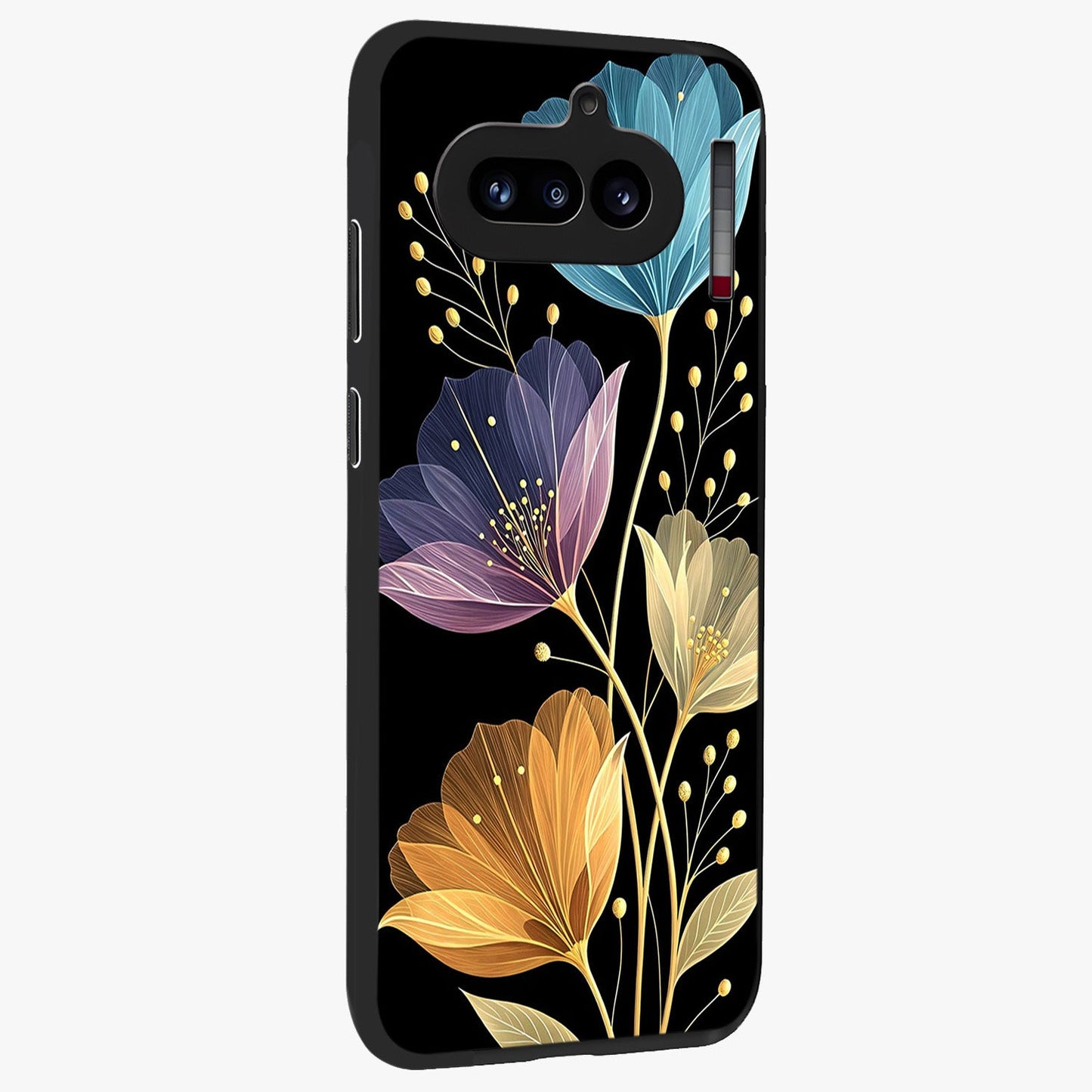 Delicate Multicolor Flowers Glass Case upright view showcasing delicate floral artwork with bright botanical theme.
