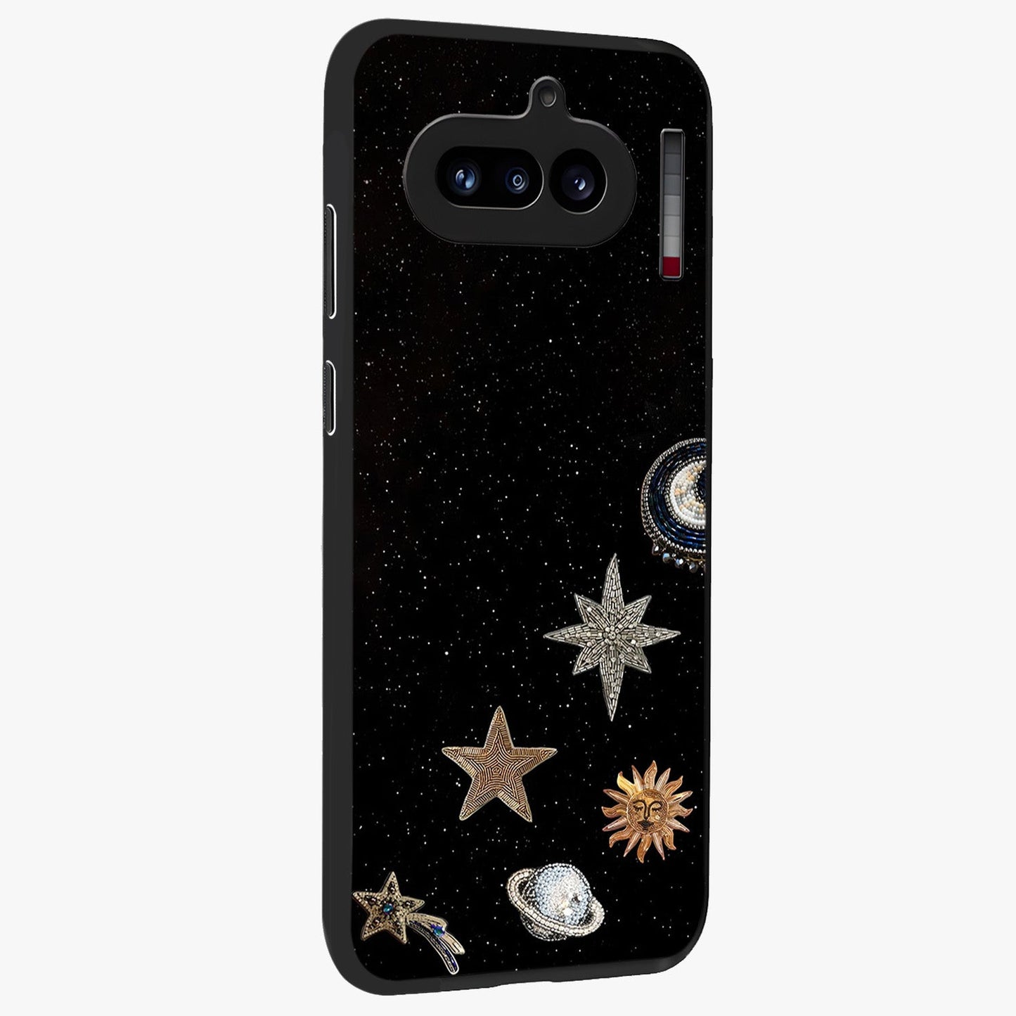Galactic Charm Glow Glass Case upright view showcasing glowing cosmic charm artwork with magical celestial style.