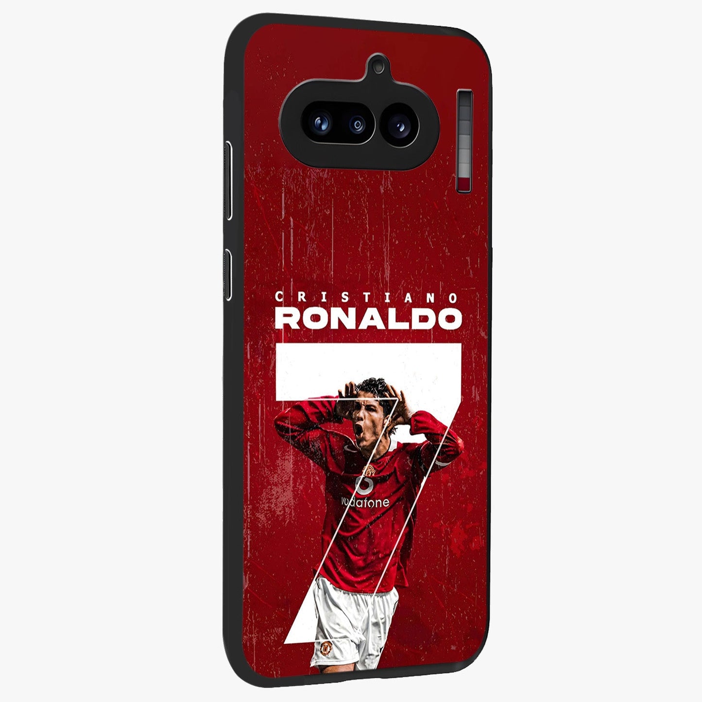 Goal Celebration Legacy Glass Case upright view showcasing dynamic football inspired artwork with victory celebration aesthetic.