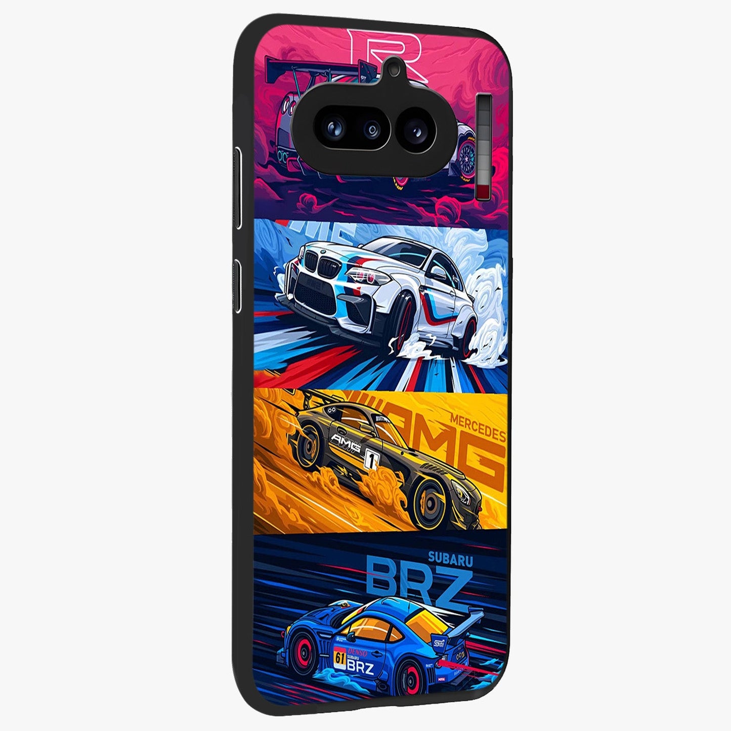 JDM Sports Car Glass Case upright view showcasing dynamic sports car artwork with bold racing theme.
