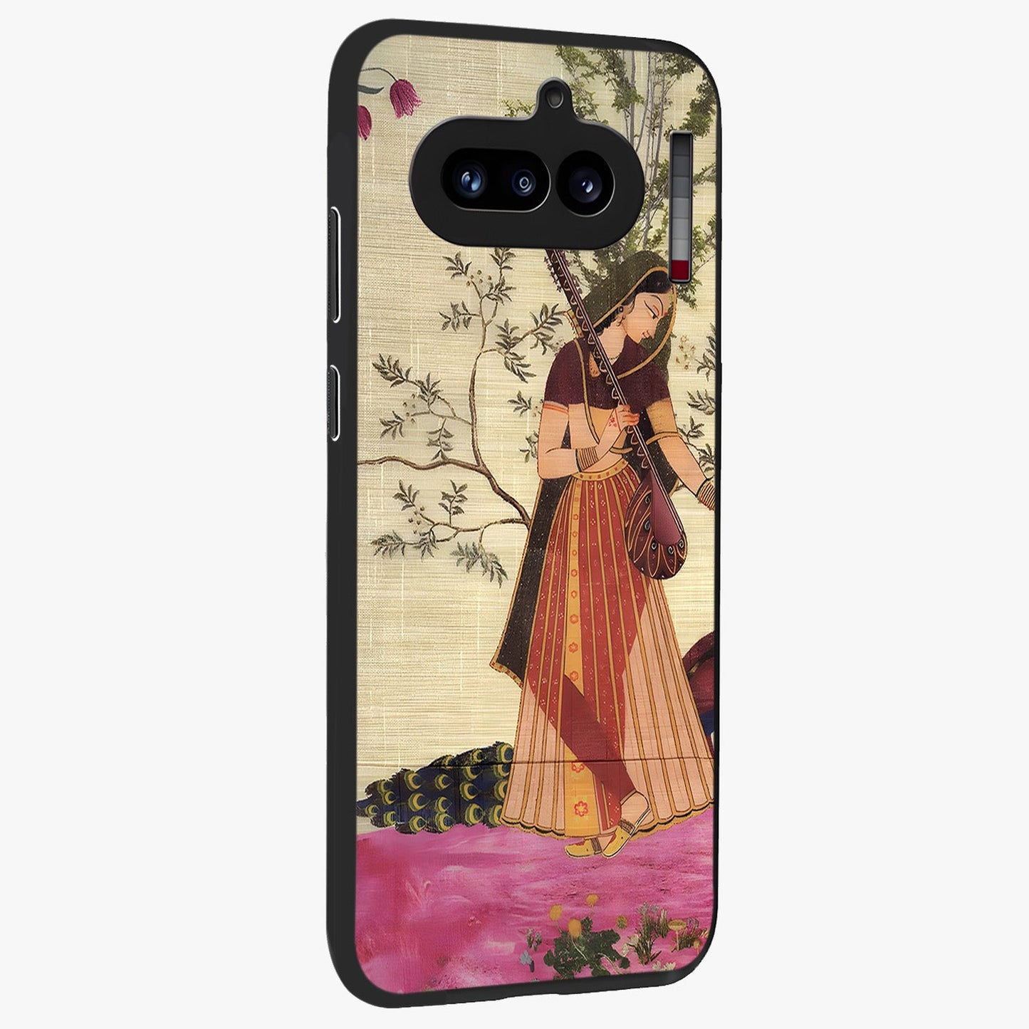 Lady With Veena Art Glass Case upright view showcasing classical veena artwork with traditional artistic theme.