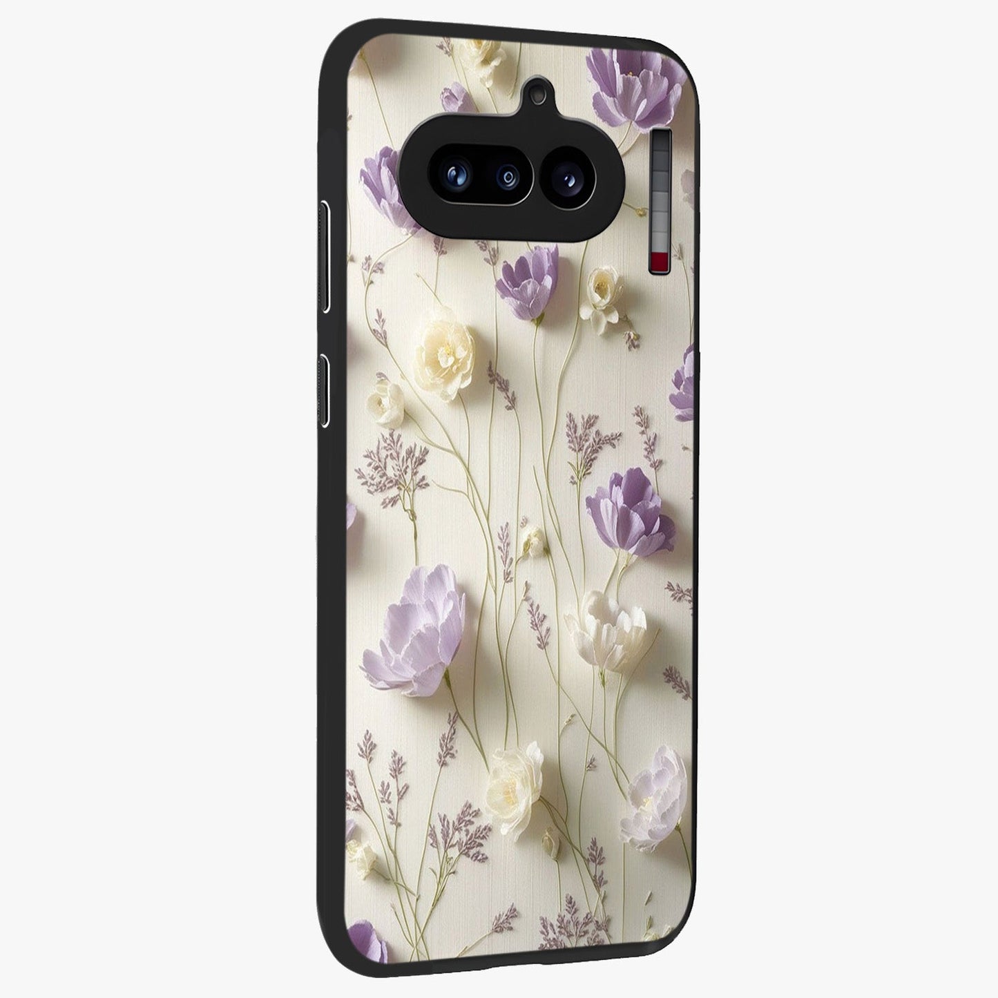 Lilac Breeze Harmony Glass Case upright view showcasing delicate lilac artwork with peaceful floral theme.