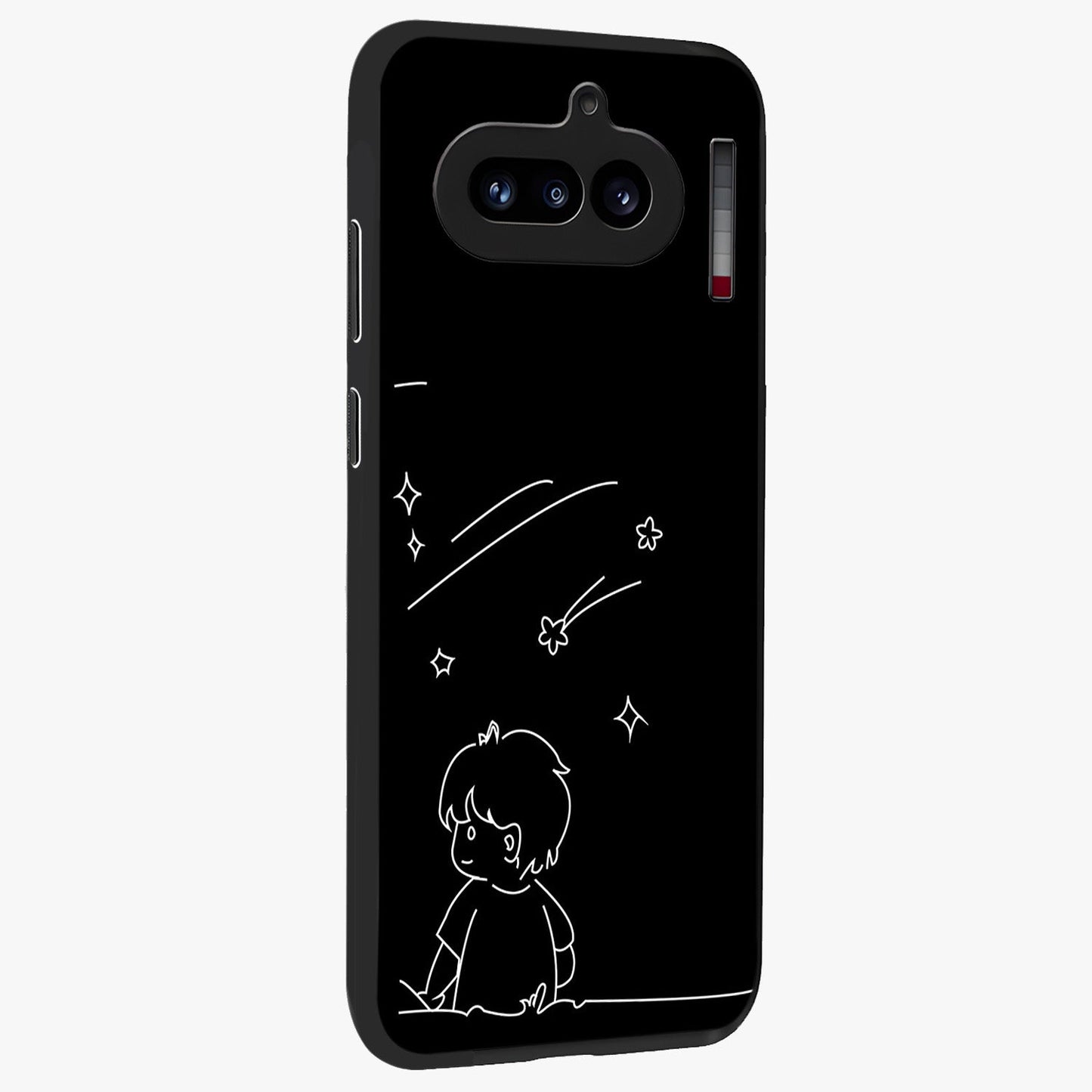 Line Art Boy With Shooting Stars Glass Case upright view showcasing artistic shooting star illustration with minimal style.