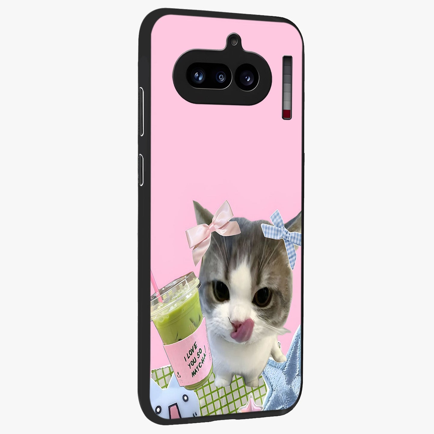 Love Matcha Cat Glass Case upright view showcasing adorable cat artwork with charming matcha themed design.