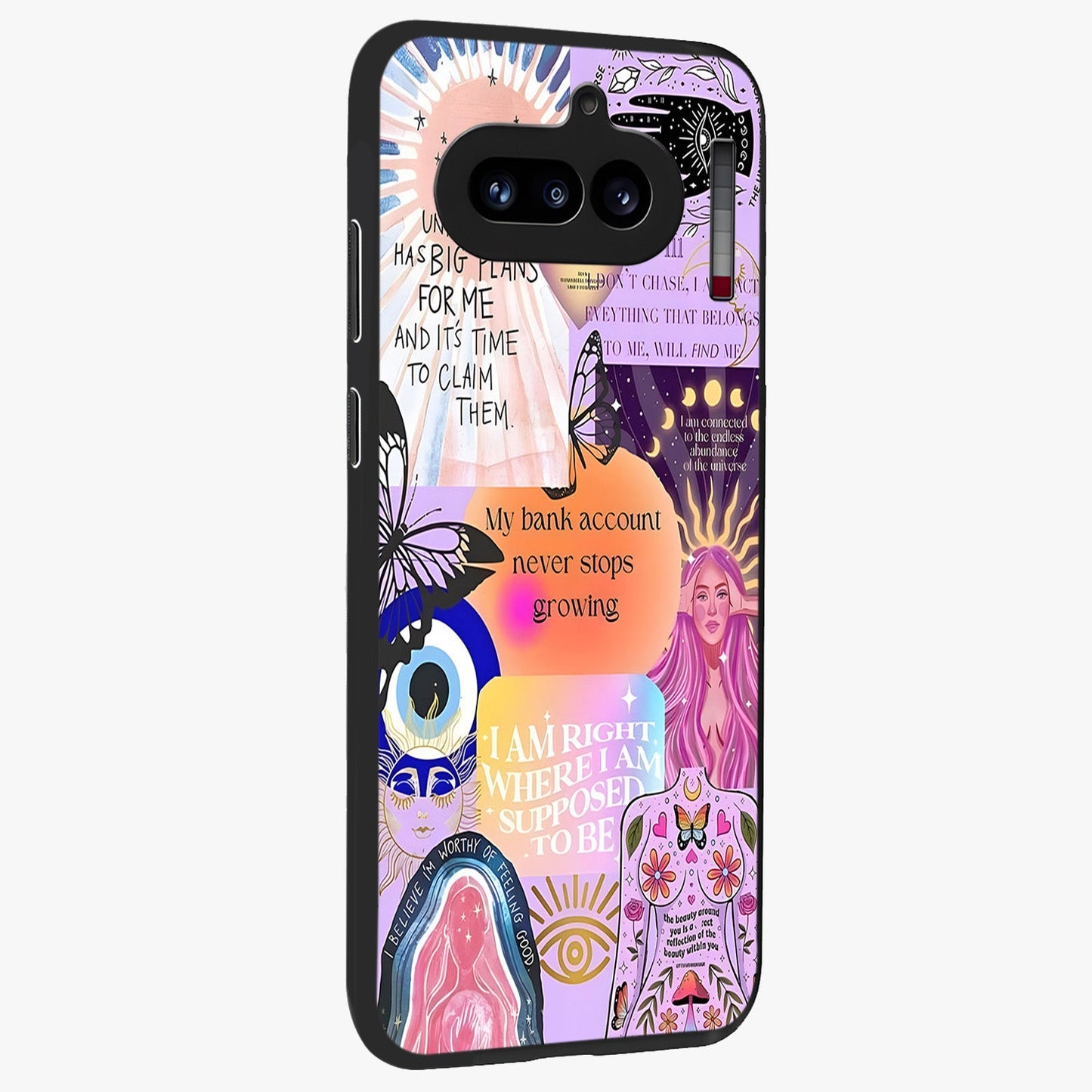 Manifestation Collage Glass Case upright view showcasing artistic manifestation themed artwork with creative style.