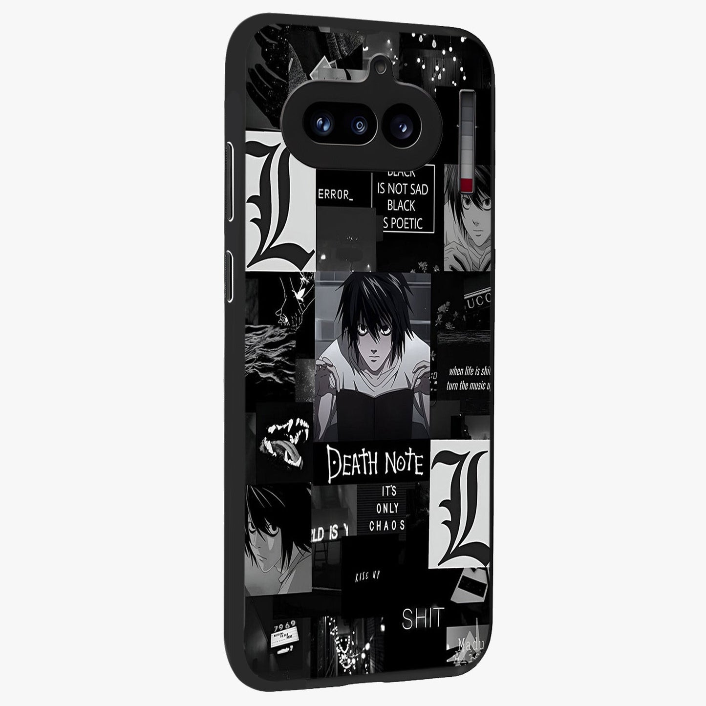Midnight Chaos Mind Glass Case upright view showcasing expressive abstract artwork with bold dark theme.