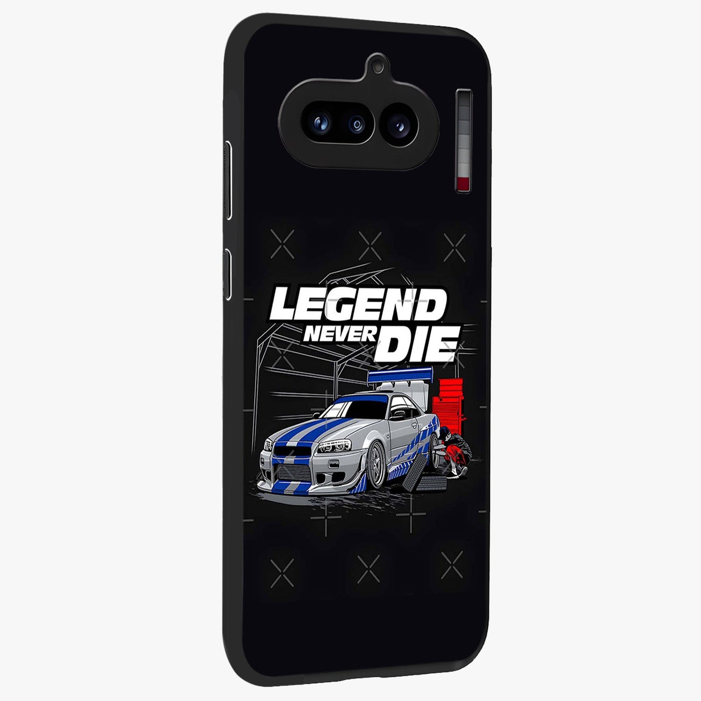 Midnight Racing Legacy Glass Case upright view showcasing powerful racing artwork with modern sports theme.