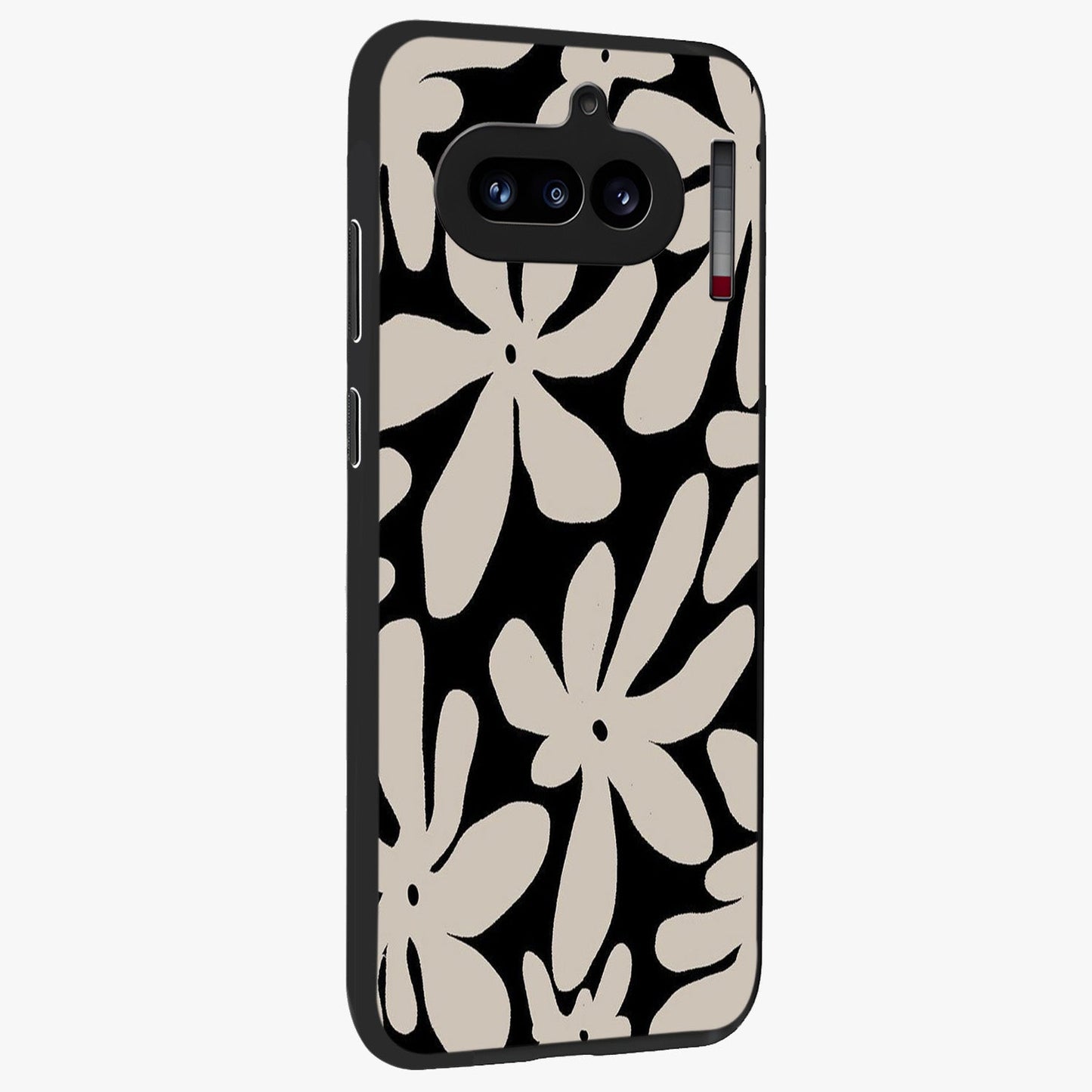 Monochrome Petal Dance Glass Case upright view showcasing artistic floral pattern with stylish monochrome theme.