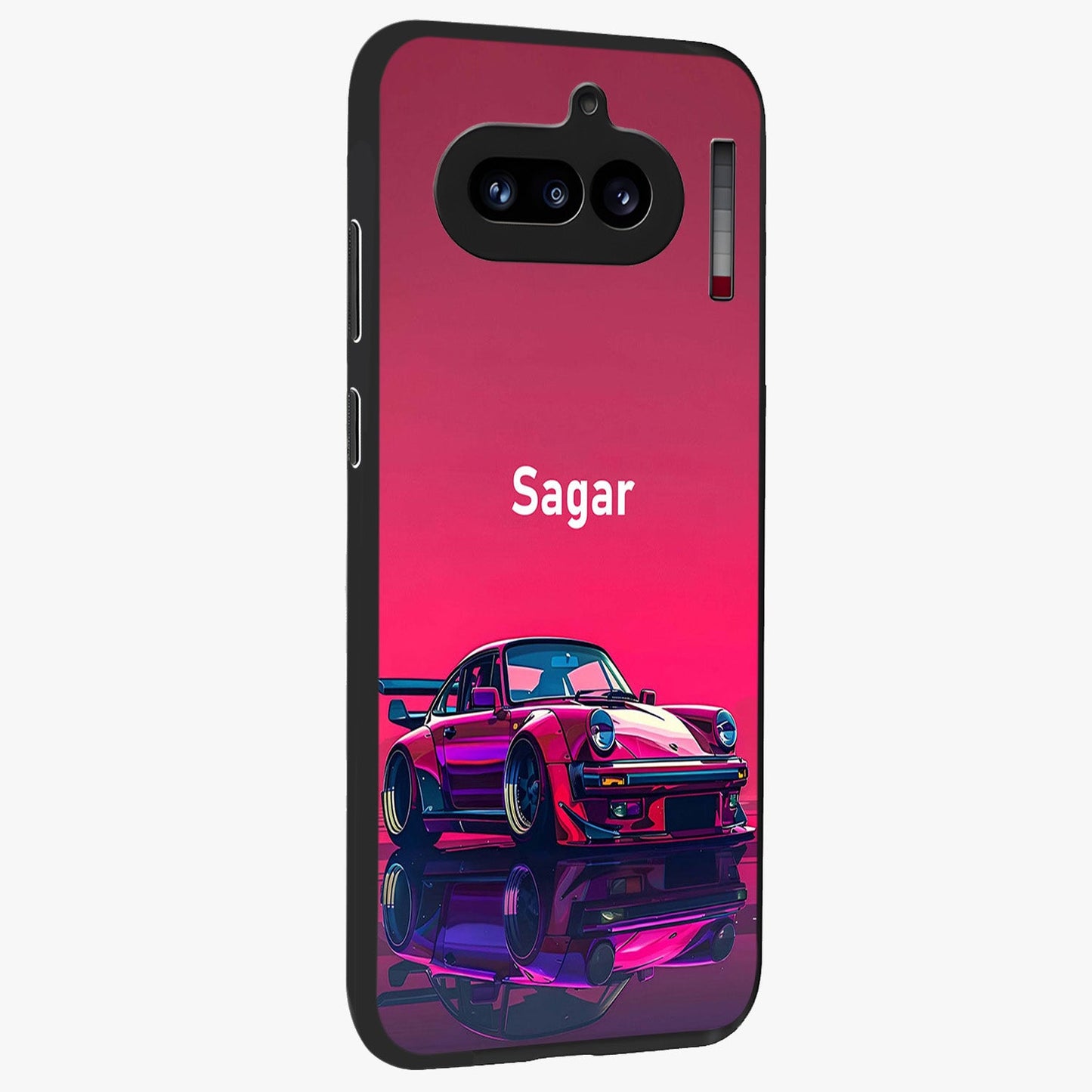 Neon Pink Porsche Glass Case upright view showcasing vibrant sports car artwork with bold automotive theme.