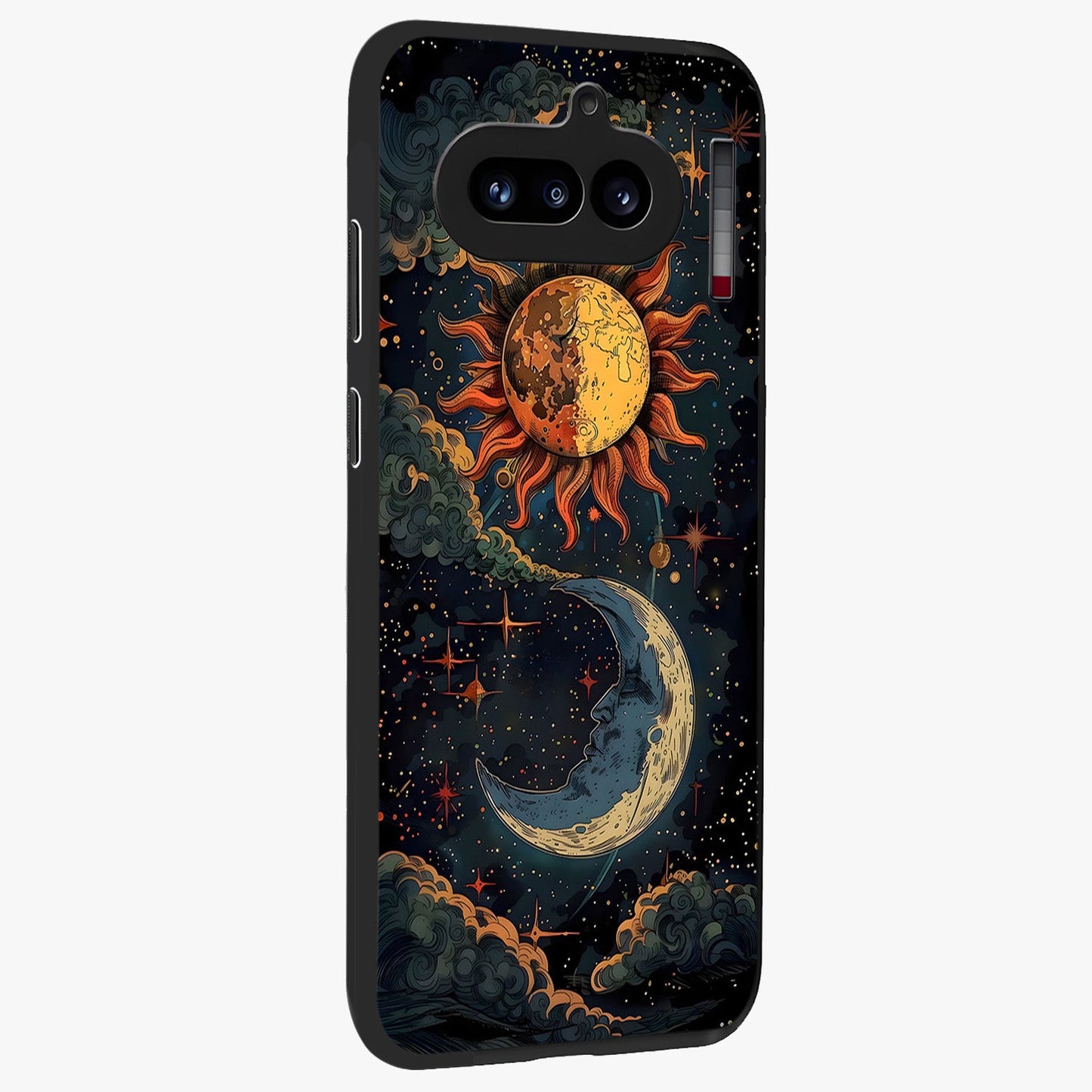 Sun And Moon Magic Design Glass Case upright view showcasing decorative sun and moon artwork with spiritual celestial theme.