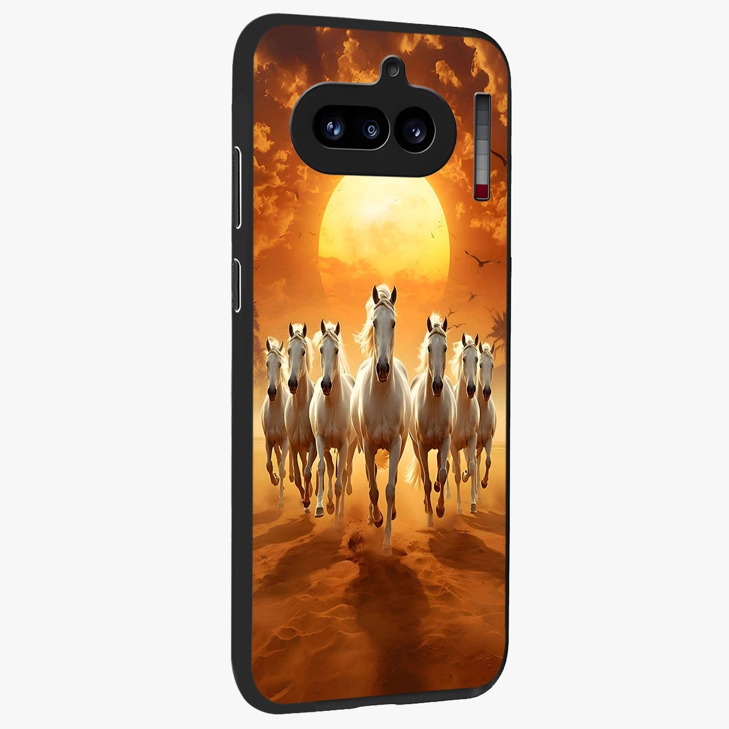 Wild Sunset Majesty Glass Case upright view showcasing dramatic sunset artwork with bold nature theme.