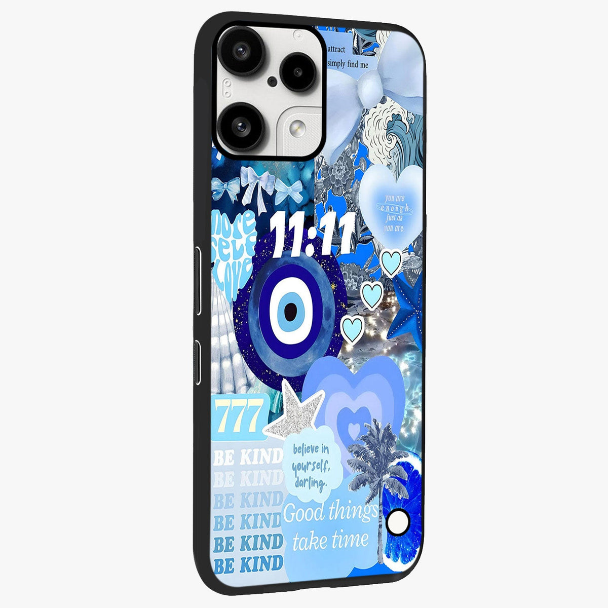 Aesthetic Be Kind Eye Glass Case upright view showcasing stylish eye illustration with positive message theme.
