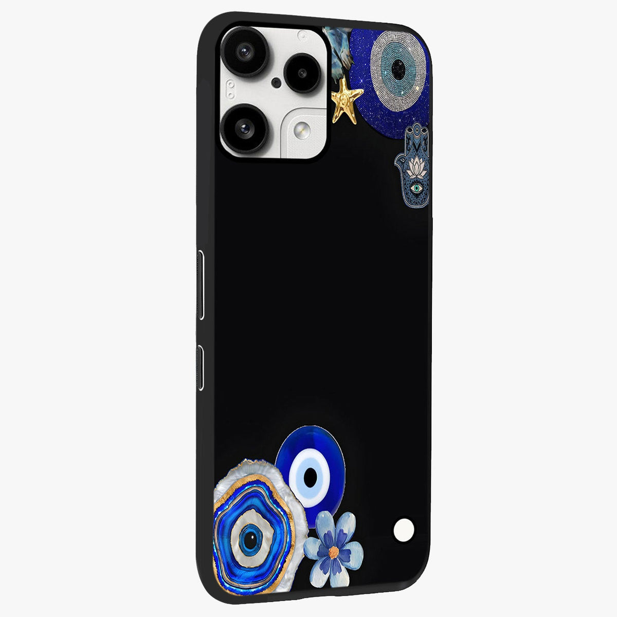 Aesthetic Blue Evil Eye Glass Case upright view showcasing mystical evil eye graphic with minimal aesthetic style.
