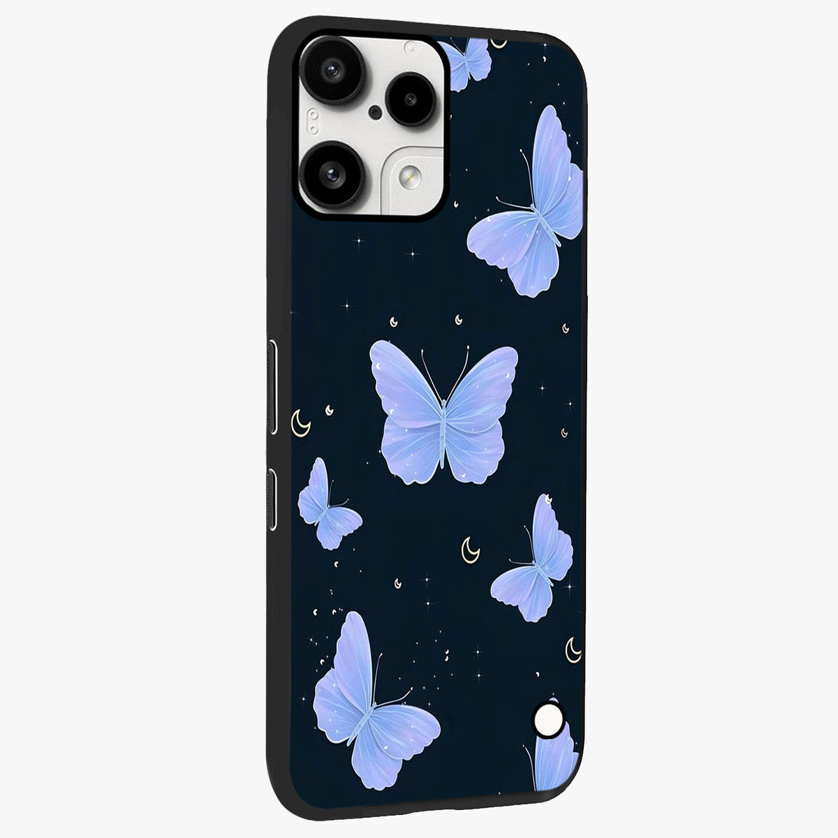 Butterfly With Stars Pattern Glass Case upright view showcasing celestial butterfly artwork with sparkling star elements.