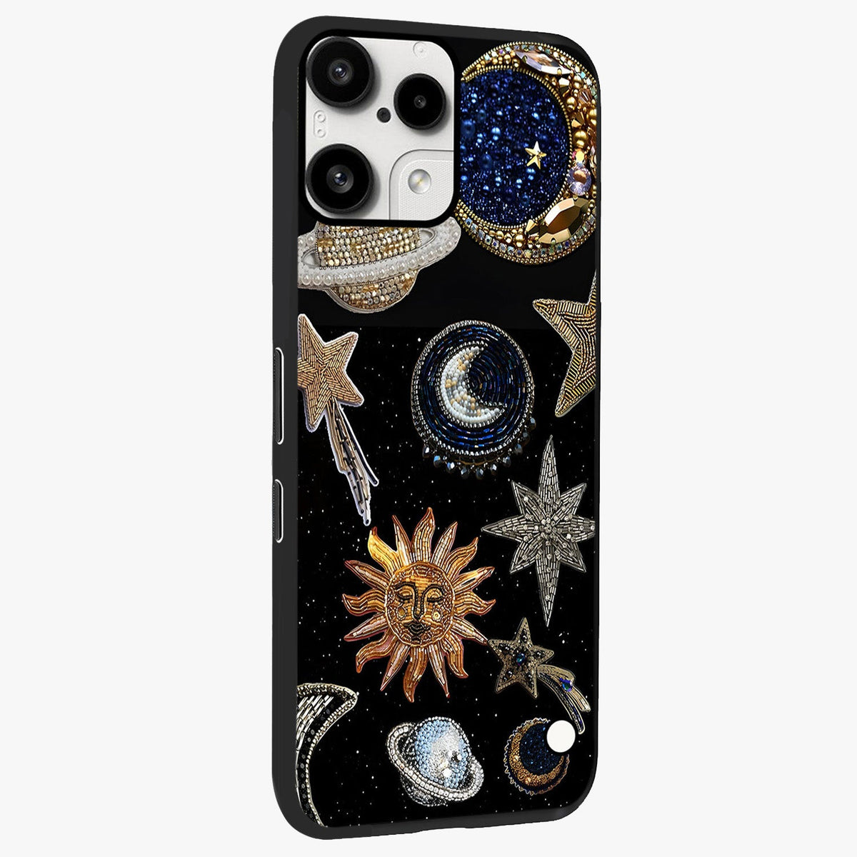 Celestial Gem Constellations Glass Case upright view showcasing cosmic constellation artwork with celestial aesthetic style.