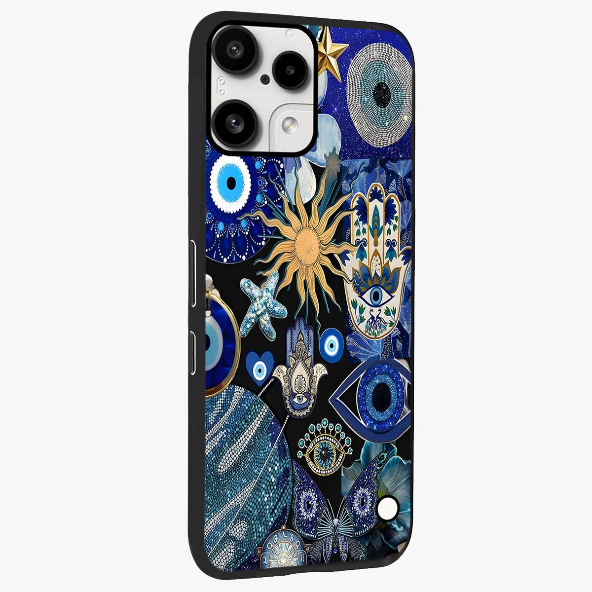 Evil Eye Charm Mix Glass Case upright view showcasing mystical evil eye pattern with vibrant decorative style.