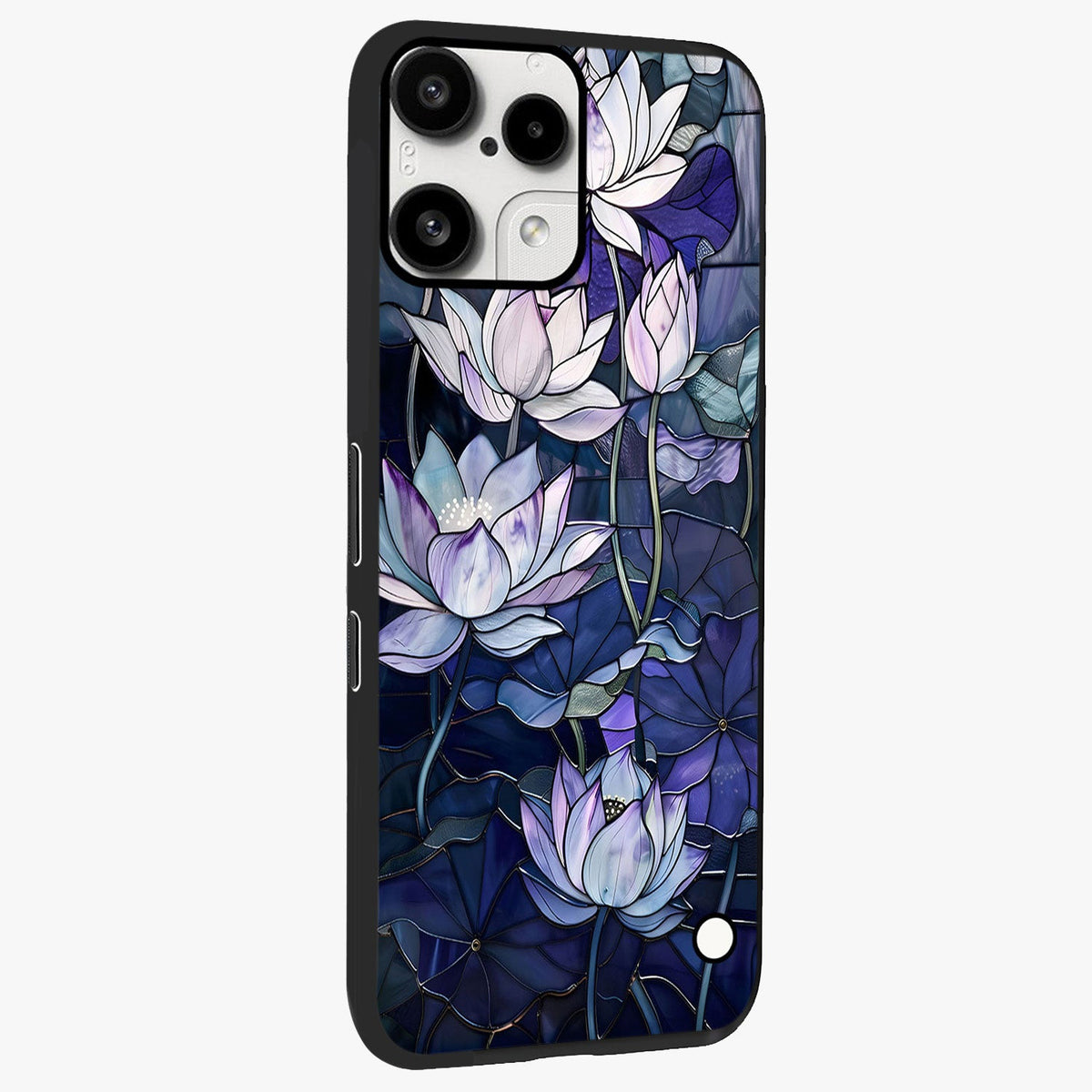 Gloss Petal Rush Glass Case upright view showcasing dynamic floral petal artwork with modern botanical theme.