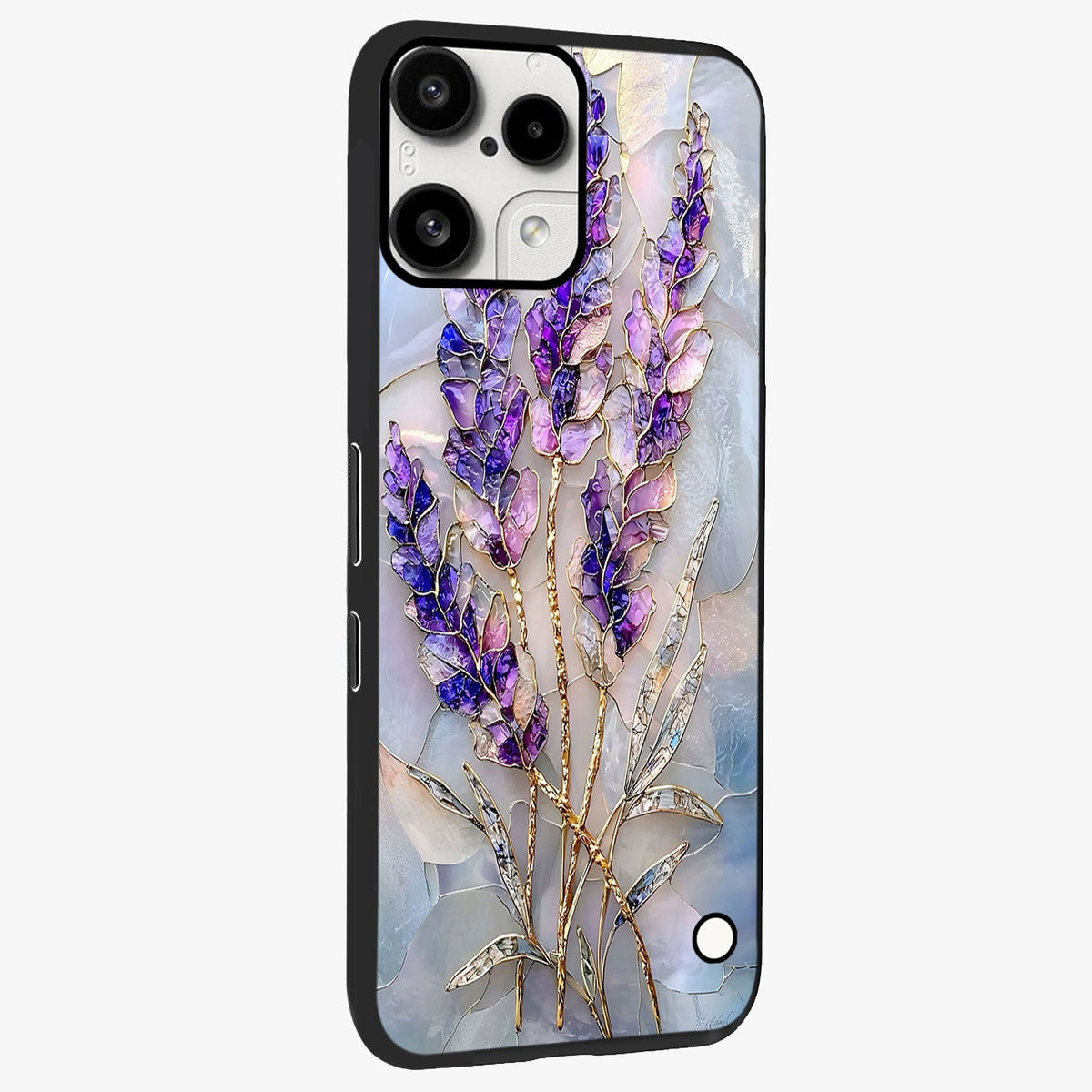 Lavender Dream Glow Glass Case upright view showcasing radiant lavender glow artwork with calming dreamy theme.