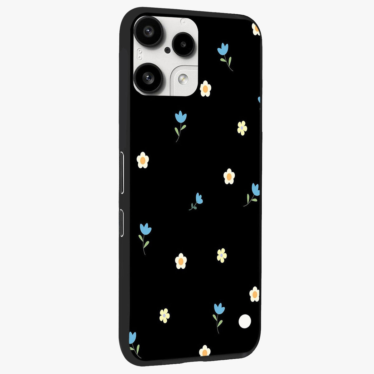Minimal Petal Whispers Glass Case upright view showcasing elegant floral artwork with modern minimalist style.